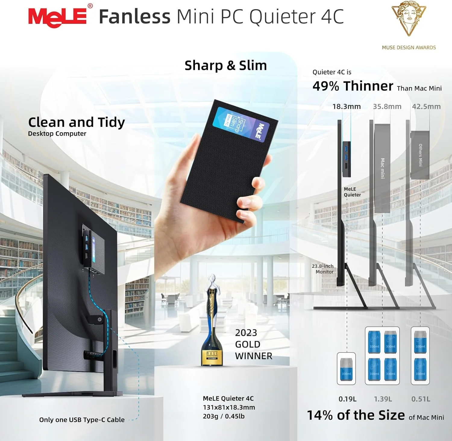 مینی کامپیوتر بدون فن فوق العاده بی صدا MeLE Quieter4C N150 - حافظه 16 گیگابایتی، SSD 512 گیگابایتی - کامپیوتر جمع و جور با USB-C کاربردی و HDMI دوگانه