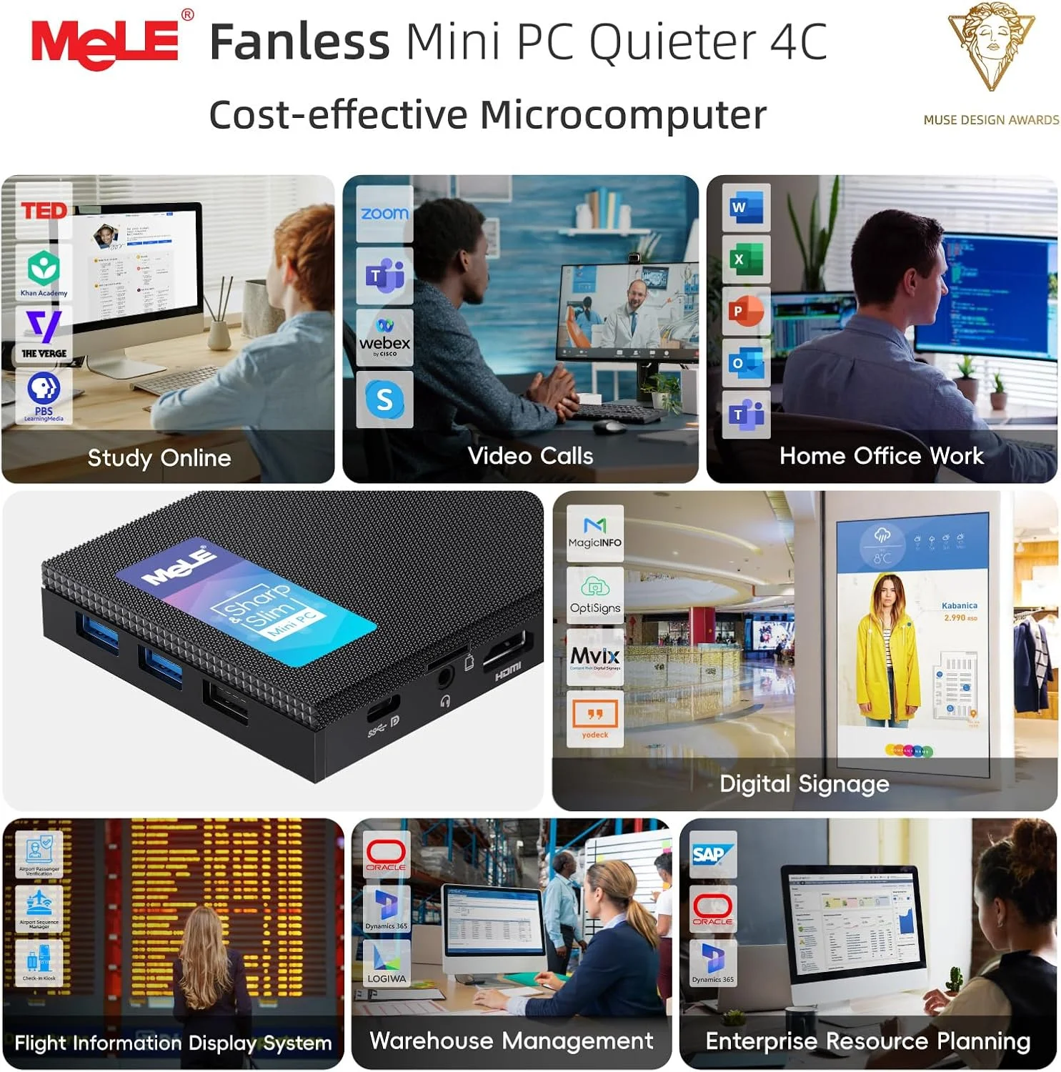 مینی کامپیوتر بدون فن فوق العاده بی صدا MeLE Quieter4C N150 - حافظه 16 گیگابایتی، SSD 512 گیگابایتی - کامپیوتر جمع و جور با USB-C کاربردی و HDMI دوگانه