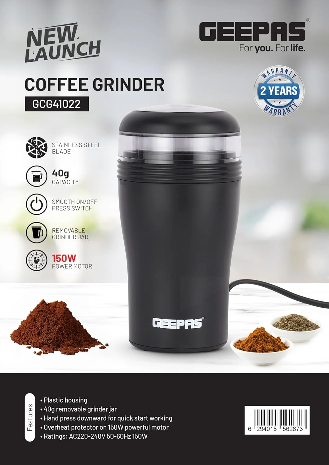 آسیاب قهوه Geepas GCG41022 | موتور 150 وات با محافظت در برابر گرمای بیش از حد و تیغه های فولادی ضد زنگ آسیاب قهوه Geepas GCG41022 | موتور 150 وات با محافظت در برابر گرمای بیش از حد و تیغه های فولادی ضد زنگ