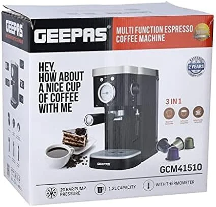 دستگاه قهوه ساز 3 در 1 Geepas با ظرفیت 1.2 لیتر - قهوه ساز 1100 وات برای قهوه فوری، اسپرسو، ماکیاتو و غیره | محافظت در برابر خشک شدن، عملکرد ضد چکه، خاموش شدن خودکار | 2 سال گارانتی