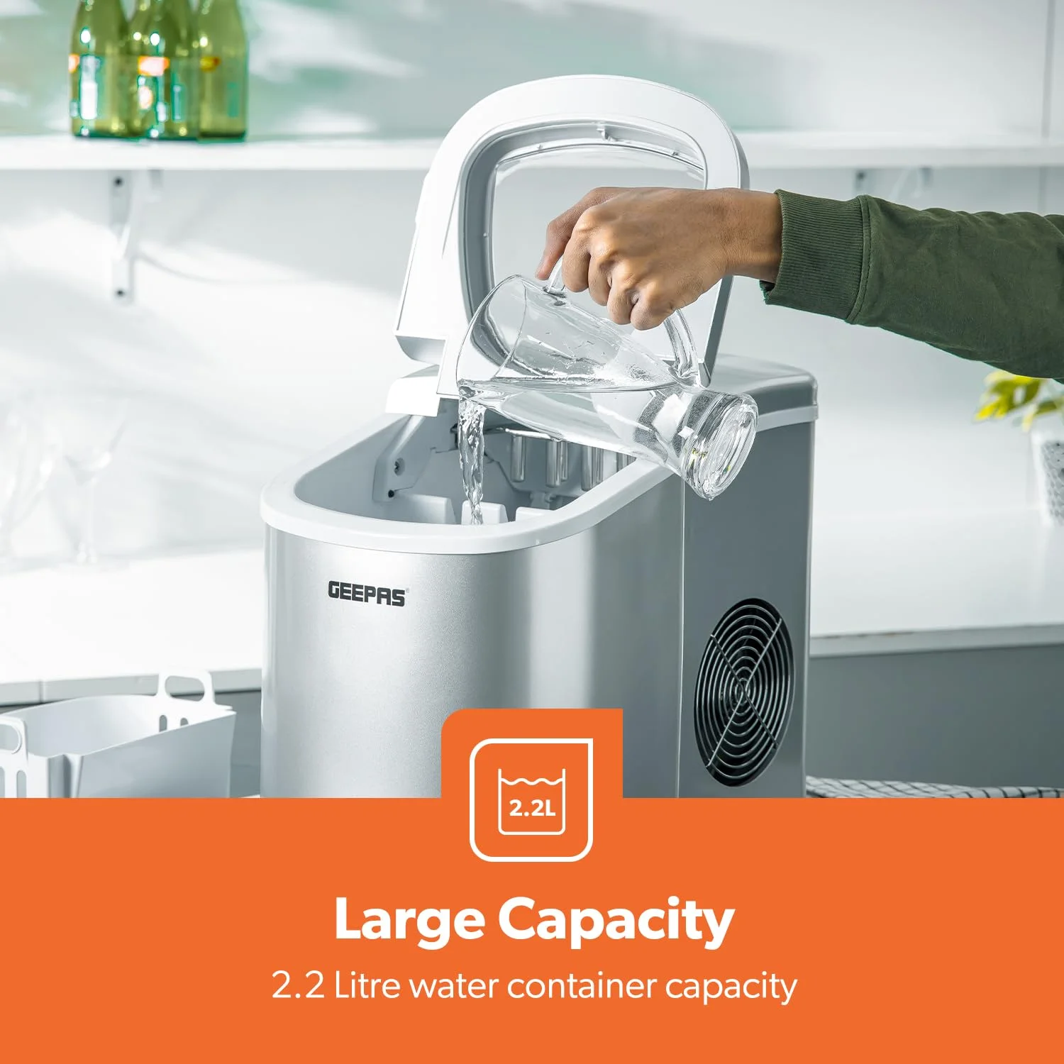 یخ ساز اتوماتیک قابل حمل Geepas GIM63015UK، ظرفیت 12 کیلوگرم در 24 ساعت | دو سایز مکعب یخ | خاموش شدن خودکار | یخ ساز قابل حمل | یخ ساز برقی برای خانه/آشپزخانه/اداره/بار/مهمانی