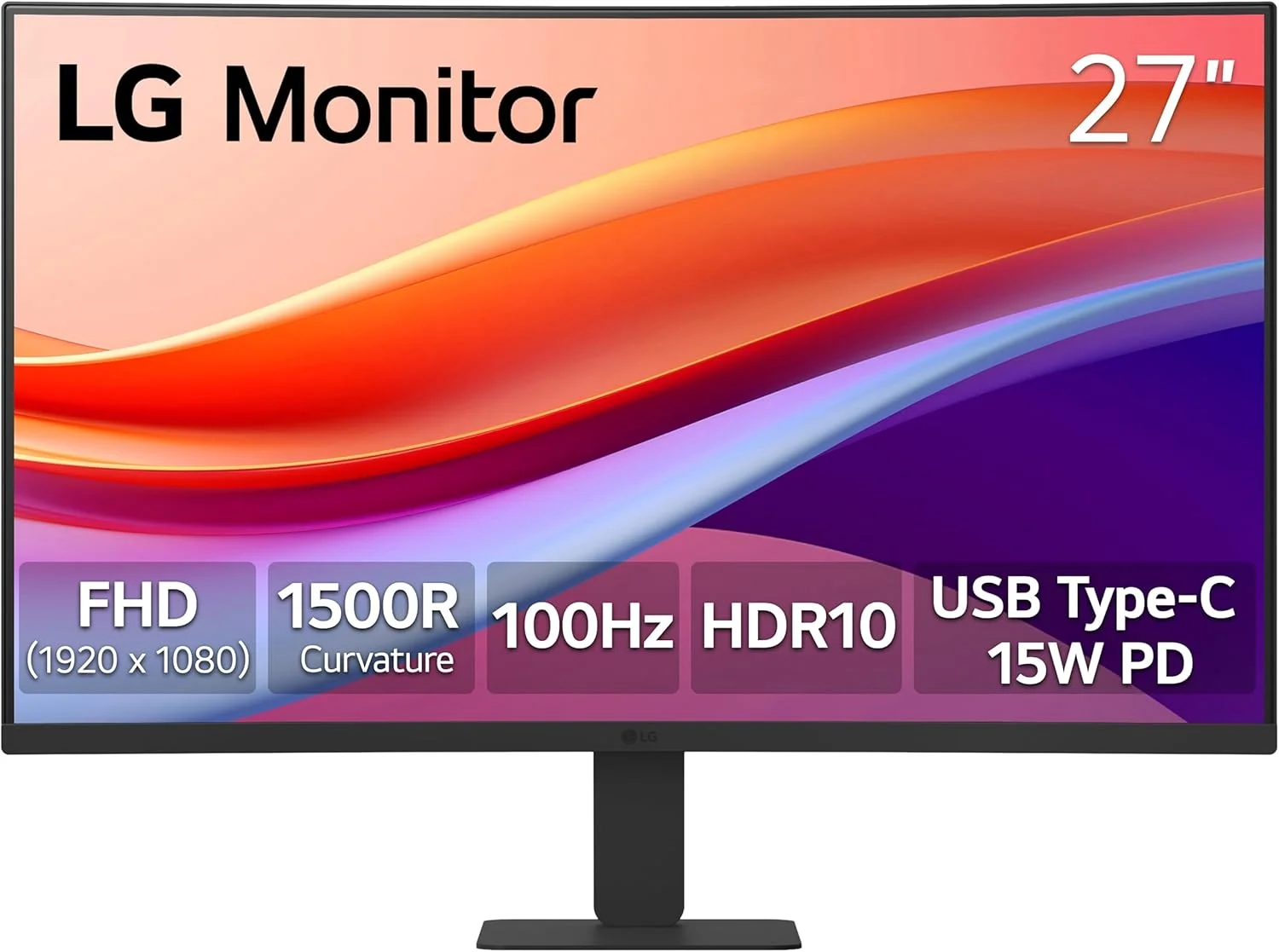 مانیتور خمیده 27 اینچی فول اچ دی LG مدل 27U421A-B، رزولوشن 1920x1080، نرخ نوسازی 100 هرتز، زمان پاسخگویی 5 میلی‌ثانیه، HDR10، طراحی بدون حاشیه 3 طرفه، سوئیچ، HDMI، USB Type-C با توان 15 وات PD، پایه باریک با قابلیت تنظیم شیب، مشکی، بدون بلندگو