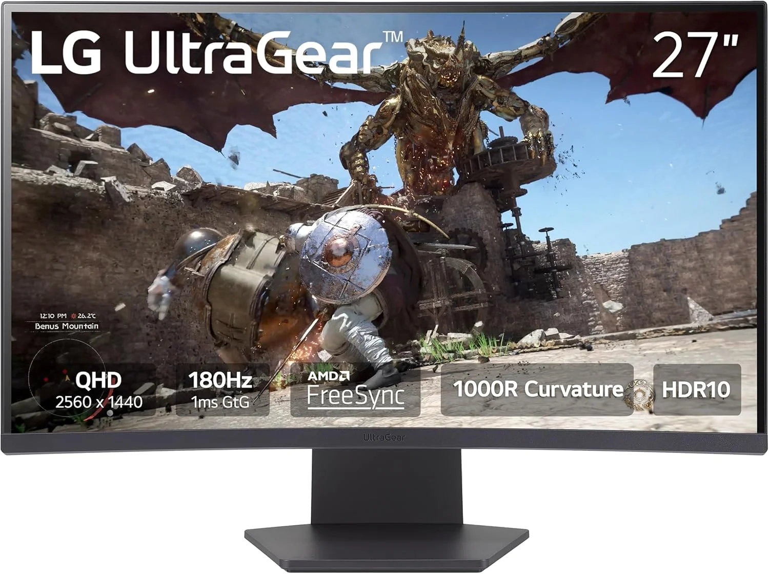 مانیتور گیمینگ خمیده 27 اینچی LG 27GS60QC-B Ultragear QHD (2560x1440) با نرخ 180 هرتز و زمان پاسخگویی 1 میلی‌ثانیه، انحنای 1000R، AMD FreeSync، HDR10، دارای HDMIx2، DisplayPort، طراحی بدون حاشیه، Black Stabilizer، DAS، Crosshair، FPS Counter - مشکی