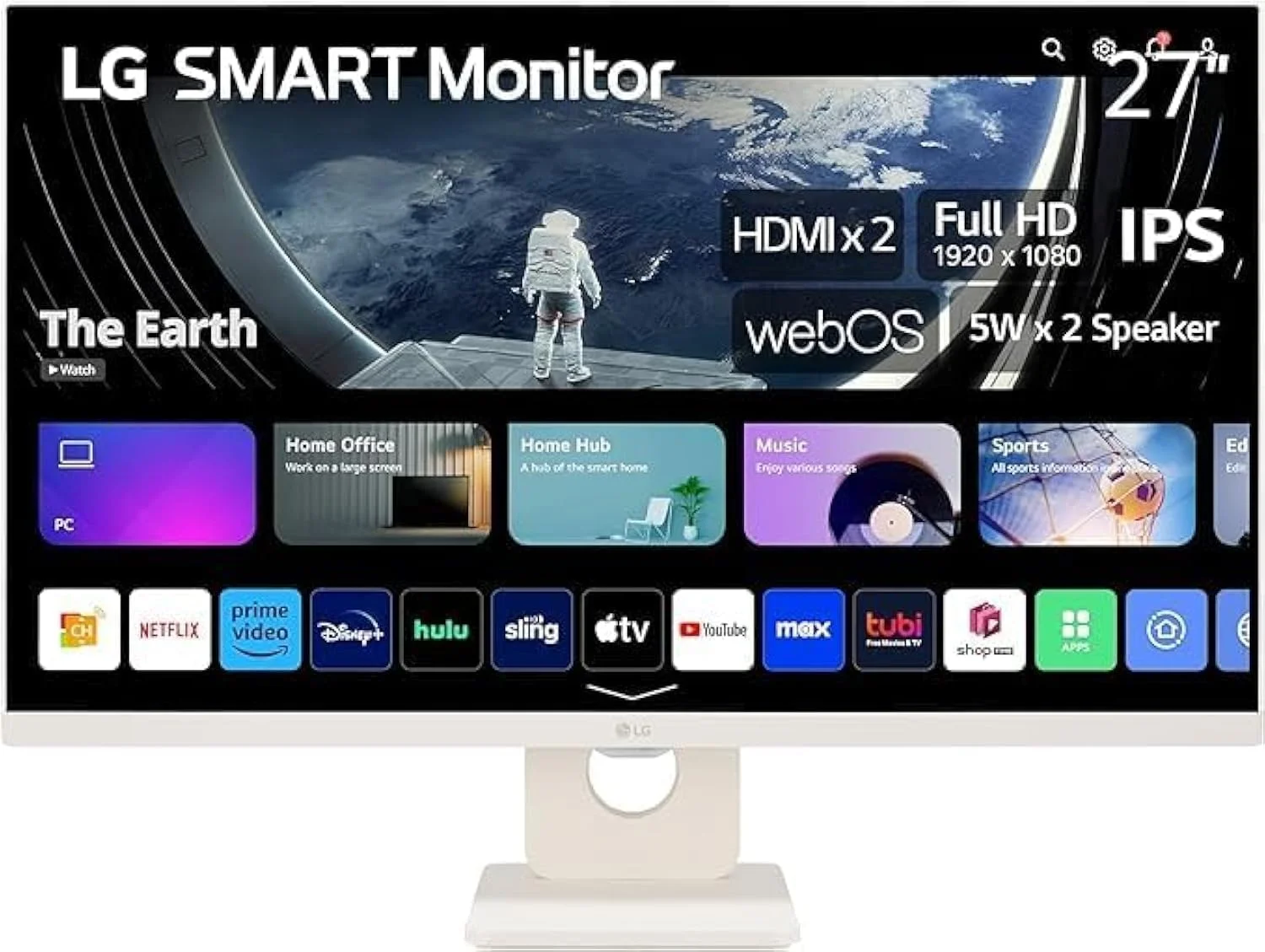 مانیتور هوشمند 27 اینچی FHD IPS ال جی با WebOS 23، ابعاد 8.3 × 24.1 × 17.8 سانتی متر، سفید