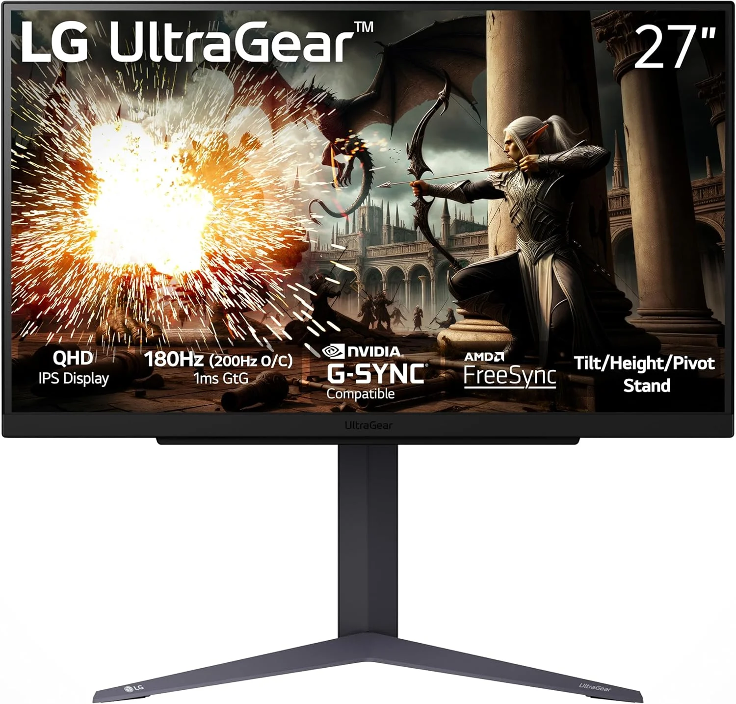 مانیتور گیمینگ 27 اینچی LG 27GS75Q-B Ultragear QHD (2560x1440)، نرخ نوسازی 180 هرتز (O/C 200 هرتز)، 1 میلی‌ثانیه، IPS، سازگار با NVIDIA G-SYNC، AMD FreeSync، HDR10، پایه با قابلیت تنظیم شیب/ارتفاع/چرخش، HDMI، DisplayPort، مشکی