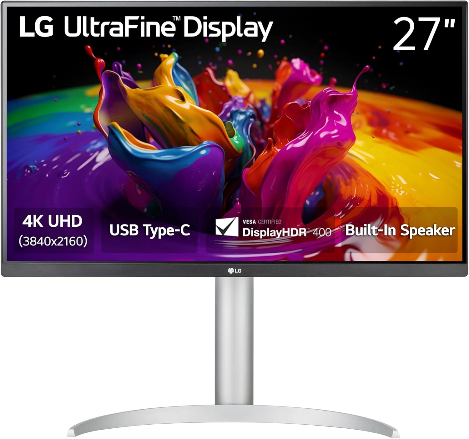 مانیتور کامپیوتر فوق باریک 4K UHD ال جی (3840 X 2160) مدل 27UP850K-W سایز 27 اینچ، 60 هرتز، 5 میلی‌ثانیه، DisplayHDR 400، دارای بلندگوی داخلی، HDMI، DisplayPort، USB Type C با توان 90 وات PD و پایه قابل تنظیم