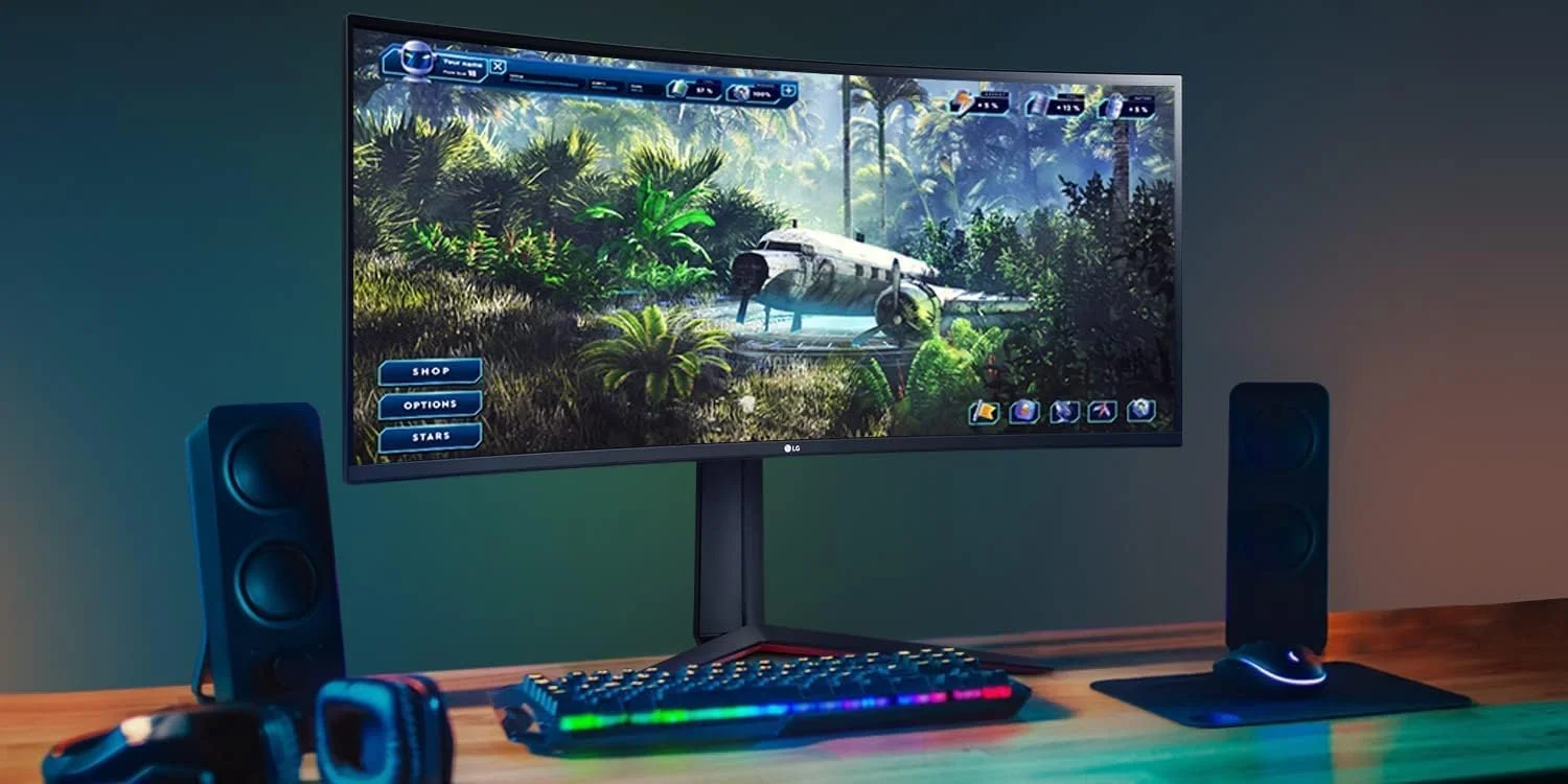 مانیتور خمیده 34 اینچی ال‌جی مدل 34GP63A UltraGear QHD HDR 10 با نرخ تازه‌سازی 160 هرتز، دارای پایه قابل تنظیم ارتفاع و شیب، و بلندگوی داخلی