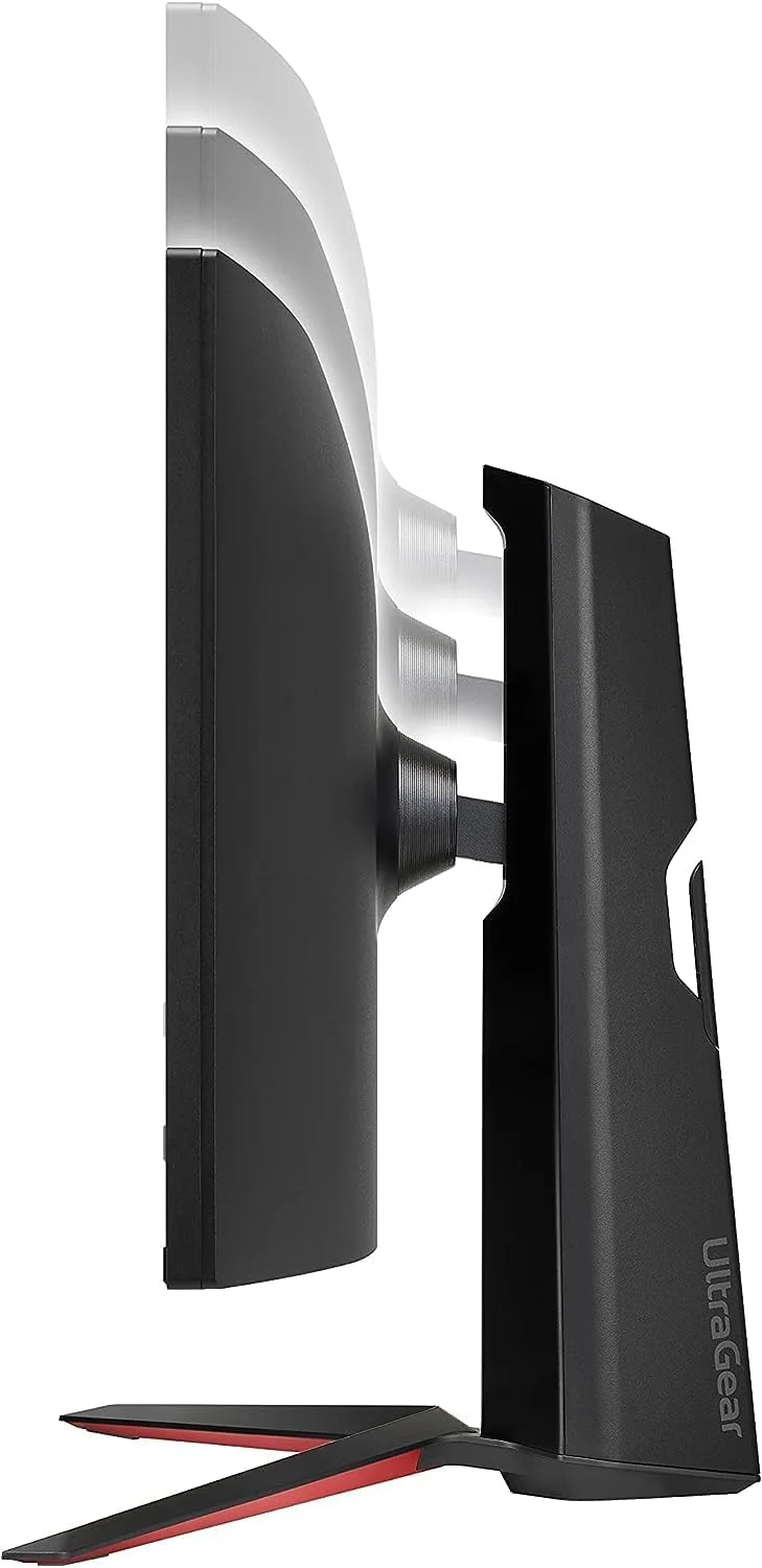 مانیتور خمیده 34 اینچی ال‌جی مدل 34GP63A UltraGear QHD HDR 10 با نرخ تازه‌سازی 160 هرتز، دارای پایه قابل تنظیم ارتفاع و شیب، و بلندگوی داخلی