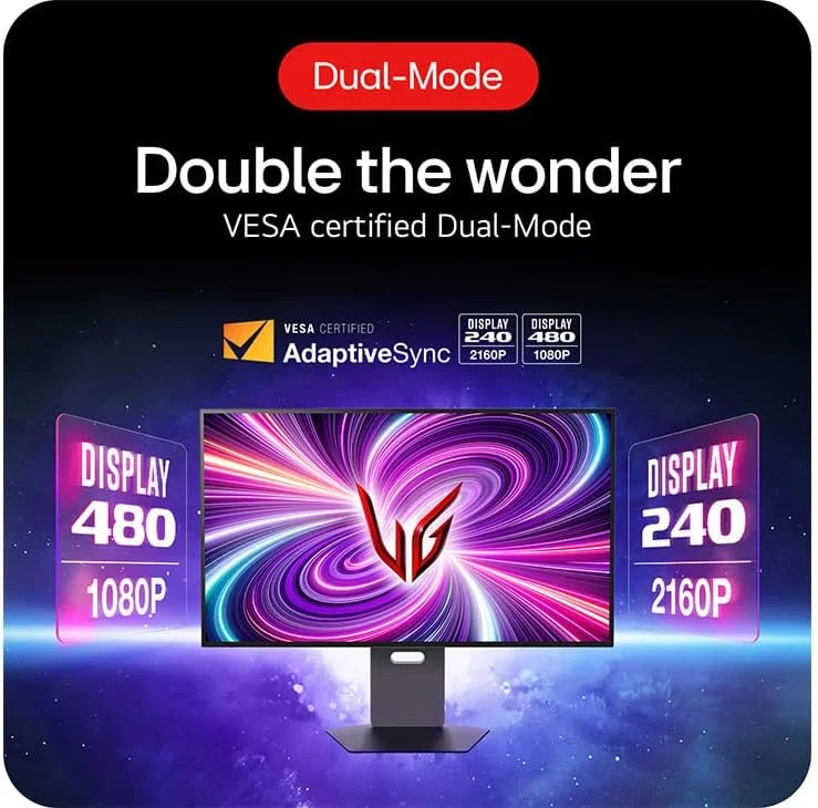 مانیتور گیمینگ 31.5 اینچی 4K OLED دو حالته ال‌جی مدل UltraGear 32GS95UV-B - نرخ نوسازی 240 هرتز (4K) / 480 هرتز (FHD) / زمان پاسخگویی 0.03 میلی‌ثانیه - سازگار با G-SYNC / FreeSync Premium Pro / HDR True Black 400 - DP 1.4 / 2×HDMI 2.1 / USB-A