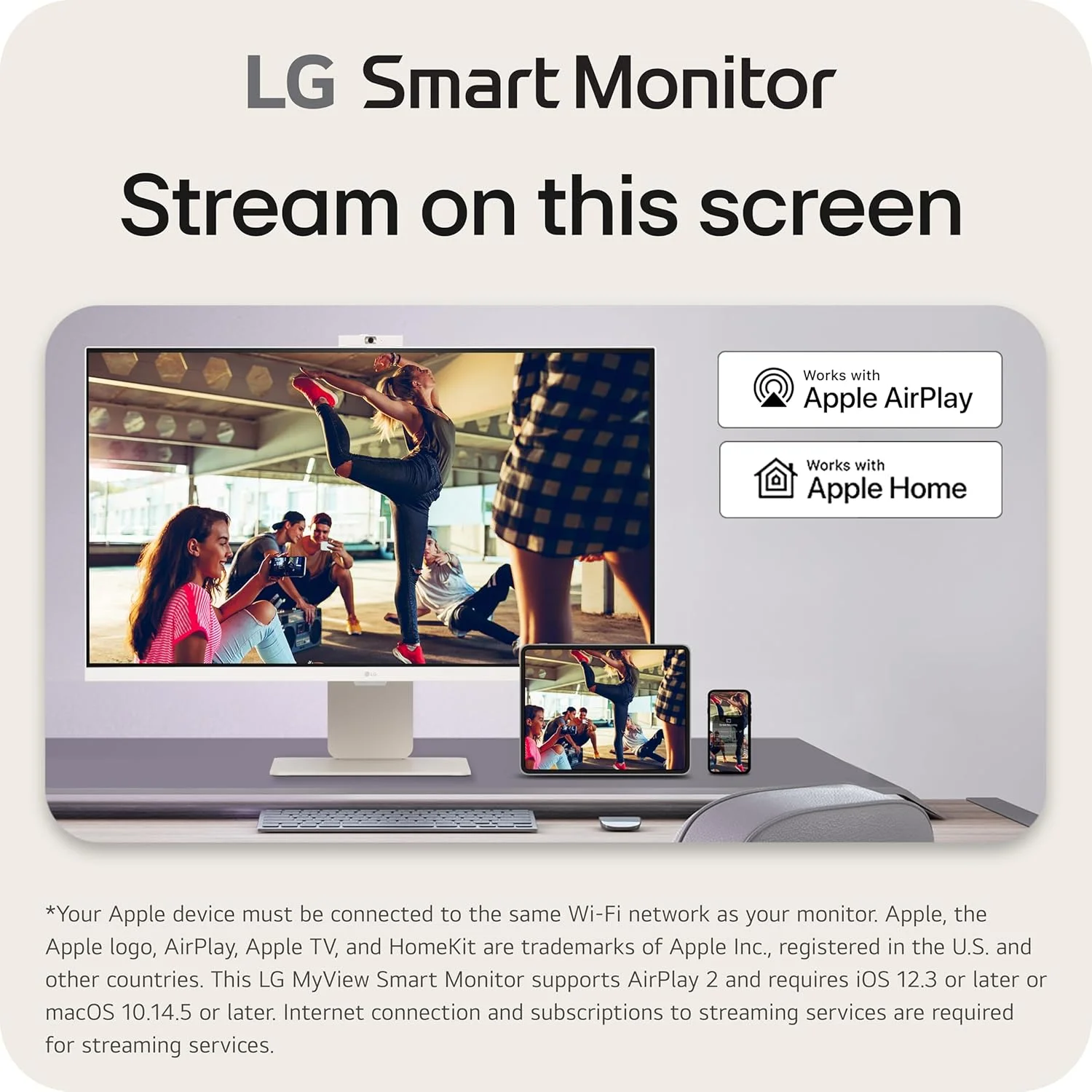 مانیتور هوشمند 32 اینچی LG مدل 32SR85U-W با کیفیت 4K UHD، پنل IPS، سیستم عامل webOS، قابلیت ThinQ Home، پورت USB Type-C با توان 90W PD، وب‌کم FHD و اسپیکر داخلی، HDR 10، AirPlay 2، Screen Share، بلوتوث، رنگ سفید