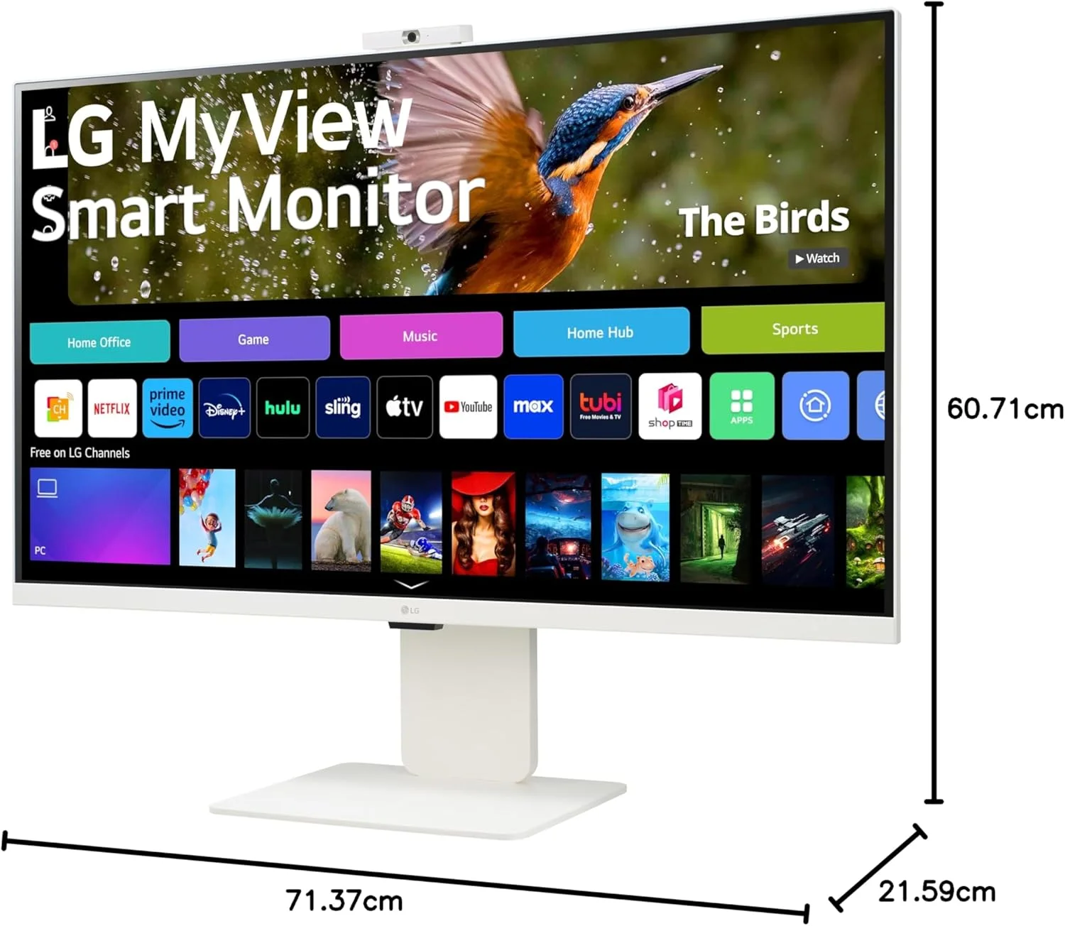 مانیتور هوشمند 32 اینچی LG مدل 32SR85U-W با کیفیت 4K UHD، پنل IPS، سیستم عامل webOS، قابلیت ThinQ Home، پورت USB Type-C با توان 90W PD، وب‌کم FHD و اسپیکر داخلی، HDR 10، AirPlay 2، Screen Share، بلوتوث، رنگ سفید