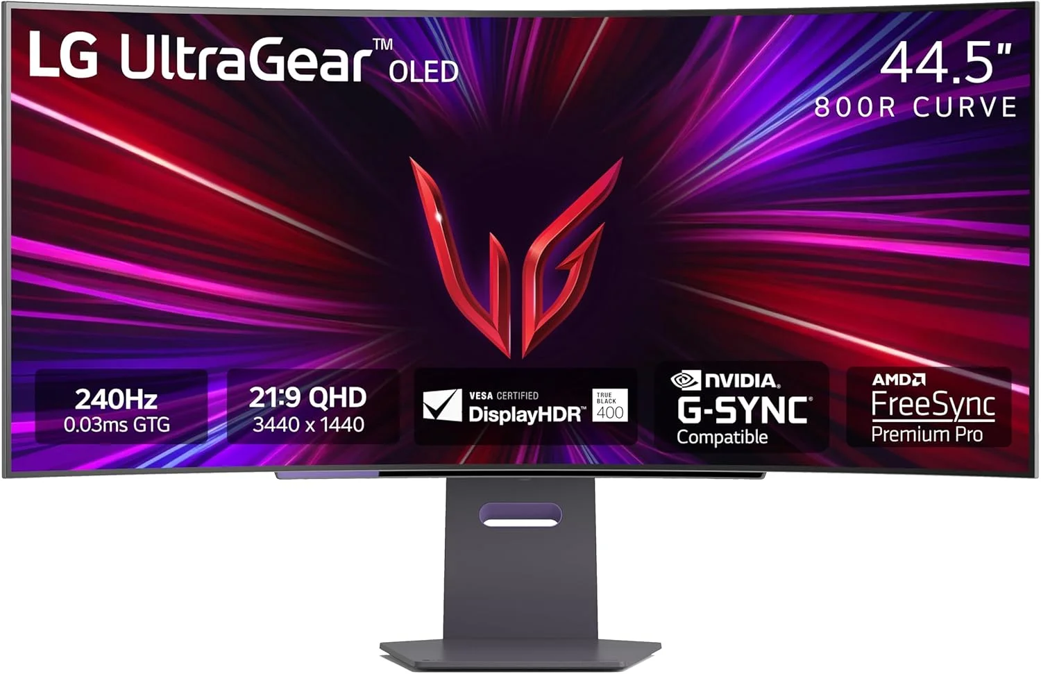 مانیتور گیمینگ خمیده اولد 45 اینچی LG مدل 45GS95QE Ultragear با رزولوشن WQHD، انحنای 800R، نرخ نوسازی 240 هرتز، زمان پاسخگویی 0.03 میلی‌ثانیه، DisplayHDR True Black 400، AMD FreeSync Premium Pro، NVIDIA G-Sync، HDMI 2.1، DisplayPort، قابلیت تنظیم ارتفاع/شیب/چرخش، رنگ مشکی