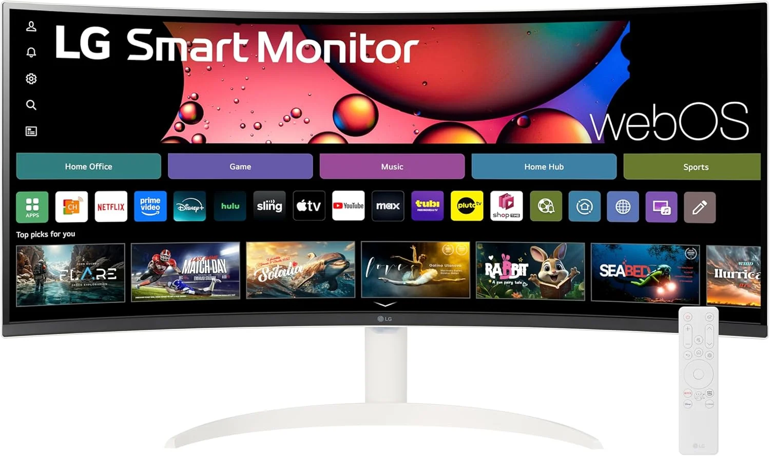 مانیتور هوشمند خمیده 34 اینچی LG مدل 34SR60QC-W با کیفیت QHD (3440x1440)، قابلیت استریم، صفحه نمایش UltraWide، سیستم عامل webOS، HDR10، نرخ نوسازی 100 هرتز، بلندگوی داخلی، AirPlay2، Screen Share، بلوتوث، برنامه ThinQ، رنگ سفید