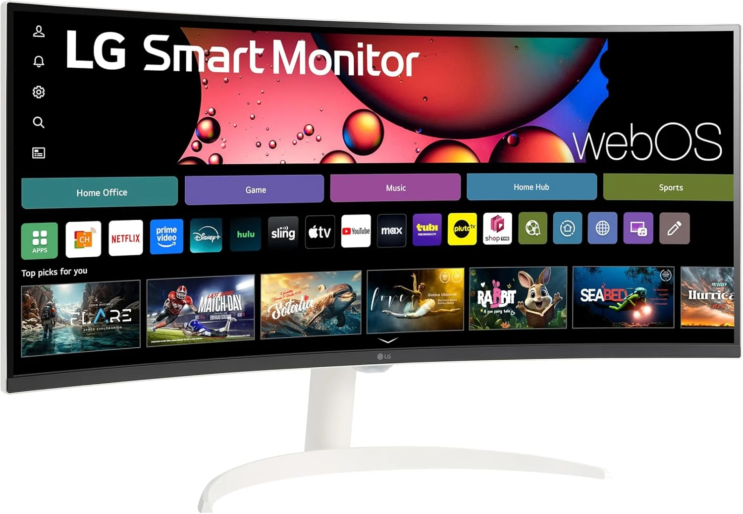 مانیتور هوشمند خمیده 34 اینچی LG مدل 34SR60QC-W با کیفیت QHD (3440x1440)، قابلیت استریم، صفحه نمایش UltraWide، سیستم عامل webOS، HDR10، نرخ نوسازی 100 هرتز، بلندگوی داخلی، AirPlay2، Screen Share، بلوتوث، برنامه ThinQ، رنگ سفید