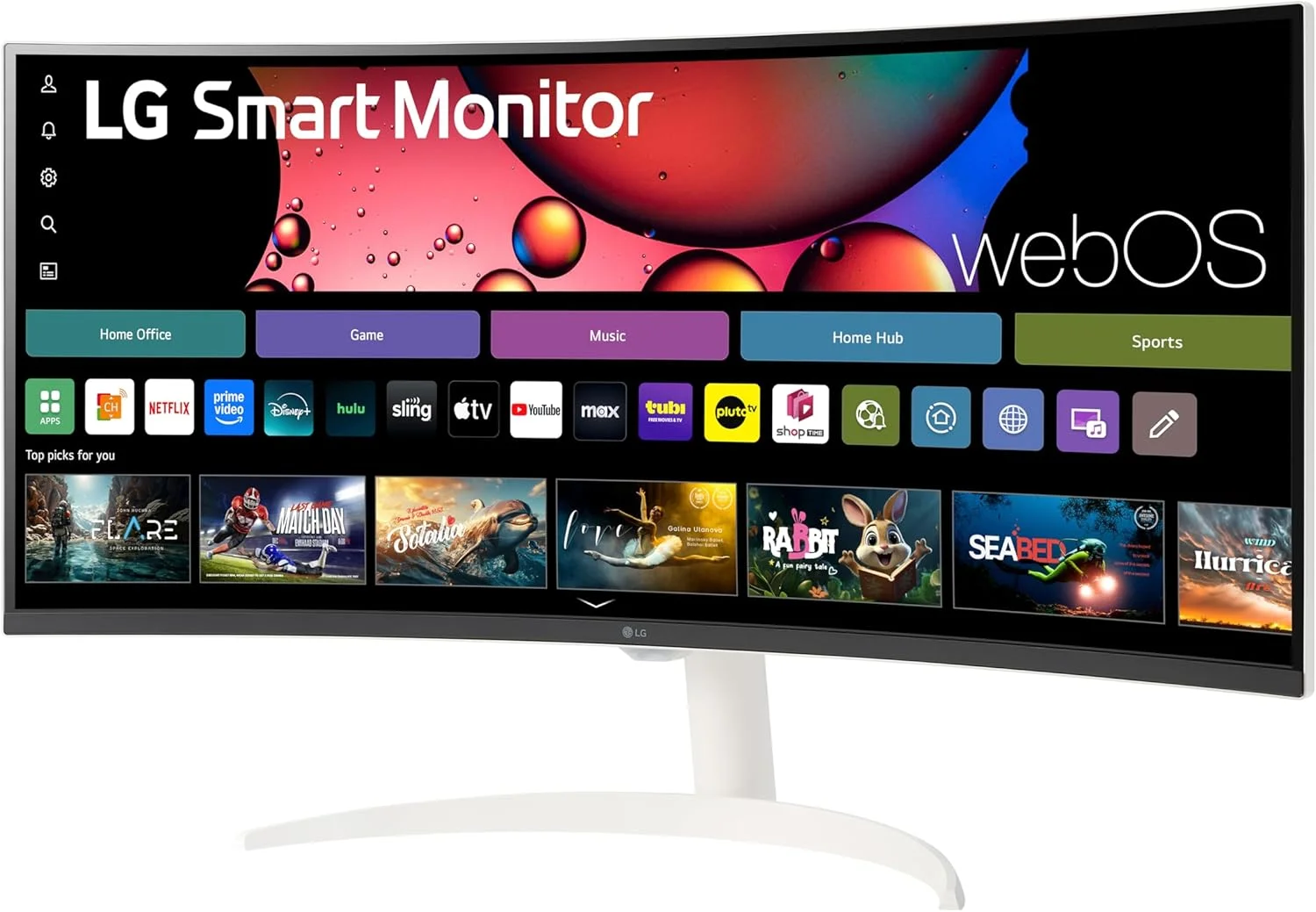 مانیتور هوشمند خمیده 34 اینچی LG مدل 34SR60QC-W با کیفیت QHD (3440x1440)، قابلیت استریم، صفحه نمایش UltraWide، سیستم عامل webOS، HDR10، نرخ نوسازی 100 هرتز، بلندگوی داخلی، AirPlay2، Screen Share، بلوتوث، برنامه ThinQ، رنگ سفید