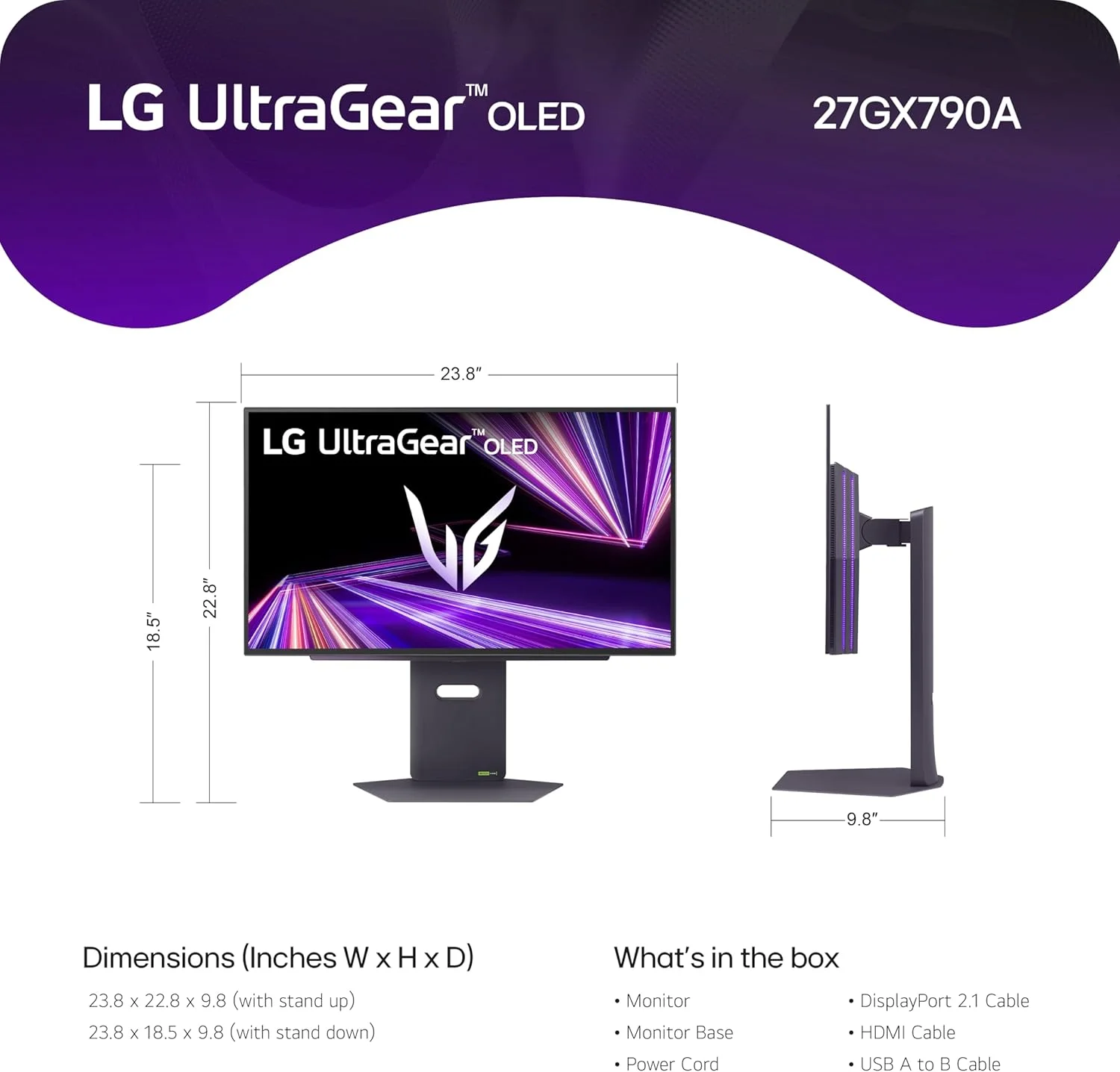 مانیتور گیمینگ 27 اینچی LG 27GX790A-B Ultragear OLED با کیفیت QHD 1440p، نرخ تازه‌سازی 480 هرتز، زمان پاسخگویی 0.03 میلی‌ثانیه، DisplayPort 2.1، True Black 400، NVIDIA G-Sync، AMD FreeSync Premium Pro، HDMI، USB، پایه با قابلیت تنظیم ارتفاع/چرخش/شیب/محور، مشکی
