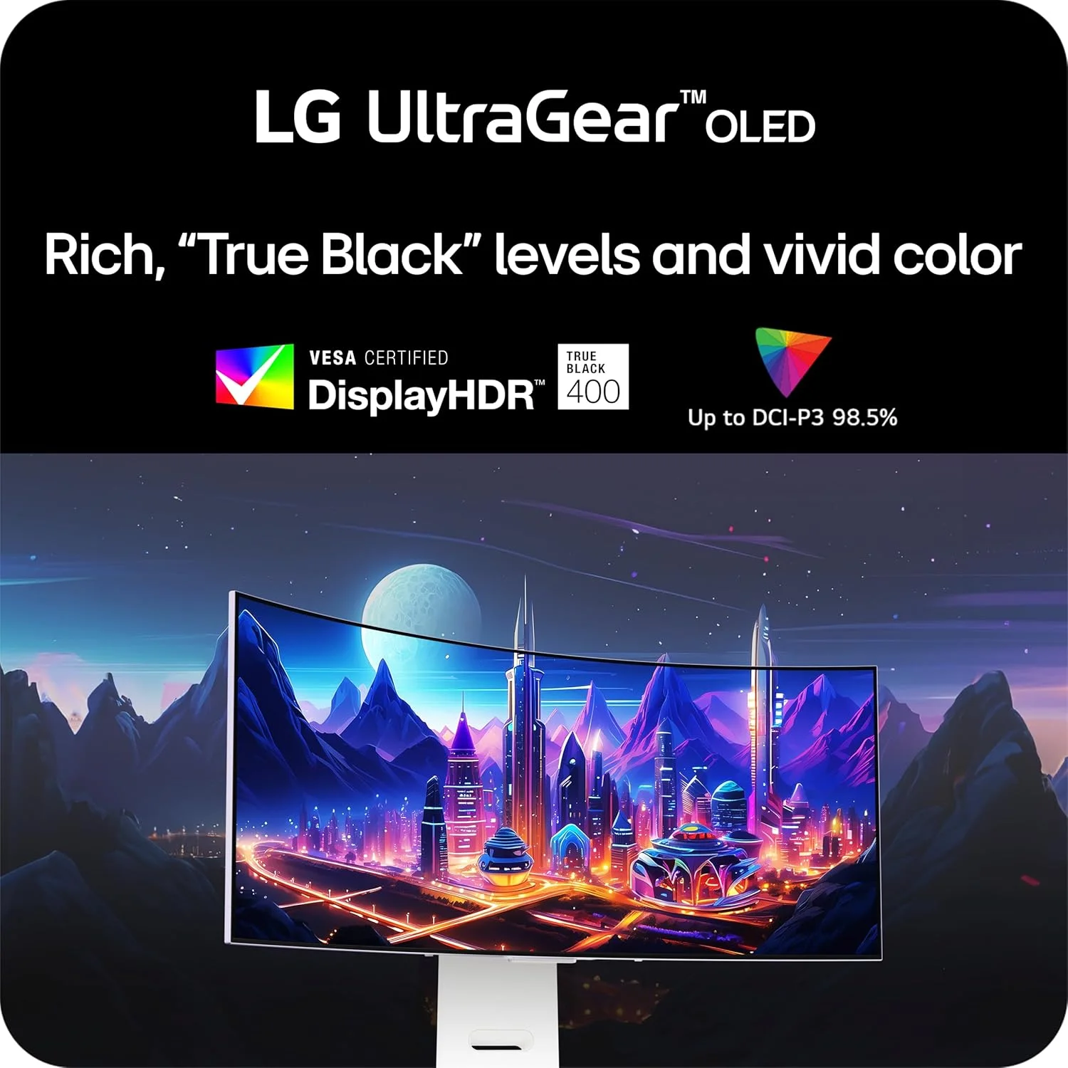 مانیتور گیمینگ خمیده 34 اینچی اولتراگیر OLED ال‌جی مدل 34GS95QE، رزولوشن WQHD، انحنای 800R، نرخ تازه‌سازی 240 هرتز، زمان پاسخ‌دهی 0.03 میلی‌ثانیه، DisplayHDR True Black 400، AMD FreeSync Premium Pro، NVIDIA G-Sync، HDMI 2.1، DisplayPort، پایه با قابلیت تنظیم ارتفاع/شیب/چرخش، سفید