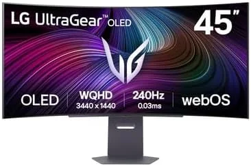 مانیتور گیمینگ خمیده 45 اینچی LG UltraGear™ 45GX90SA-B - پنل OLED WQHD (3440x1440)، زمان پاسخگویی 0.03 میلی‌ثانیه GtG، نرخ تازه‌سازی 240 هرتز، DisplayHDR™ TrueBlack 400، پوشش 98.5% DCI-P3 (CIE1976)، AMD FreeSync Premium، NVIDIA G-Sync