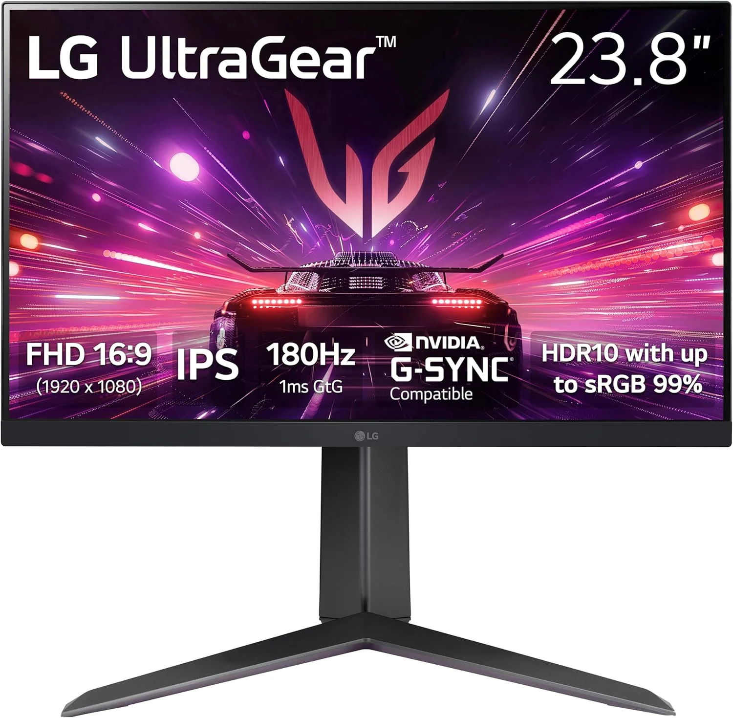 مانیتور گیمینگ 24 اینچی ال‌جی مدل 24GS65F-B UltraGear Full HD (1920 x 1080) IPS، نرخ تازه‌سازی 180 هرتز، زمان پاسخگویی 1 میلی‌ثانیه، سازگار با NVIDIA G-Sync، AMD FreeSync، HDR10، دارای HDMI، DisplayPort، پایه قابل تنظیم شیب/ارتفاع/چرخش، رنگ مشکی