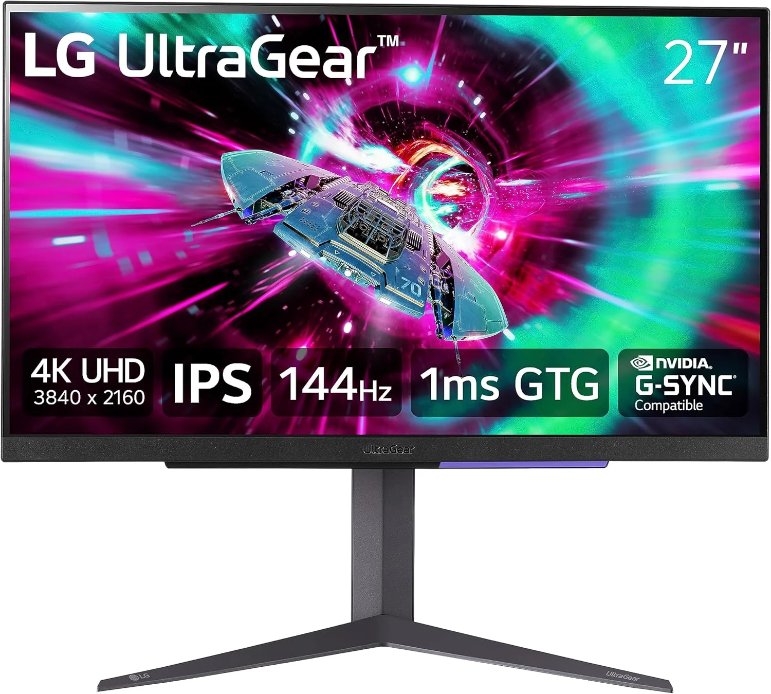 مانیتور گیمینگ 27 اینچی LG UltraGear 4K UHD (3840x2160)، 144 هرتز، 1 میلی‌ثانیه، VESA DisplayHDR 400، G-SYNC و AMD FreeSync Premium، HDMI 2.1، DisplayPort، خروجی HP 4 قطبی DTS HP:X، پایه با قابلیت تنظیم شیب/ارتفاع/چرخش، مشکی