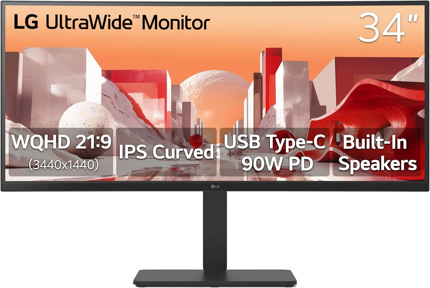مانیتور خمیده فوق عریض 34 اینچی LG مدل 34U65ZA-B با رزولوشن QHD (3440 x 1440) IPS، منبع تغذیه داخلی، انحنای 3800R، HDR10، HDMI، DisplayPort، USB Type-C با توان 90W PD، بلندگوی داخلی، پایه با قابلیت تنظیم ارتفاع/چرخش/شیب، رنگ مشکی