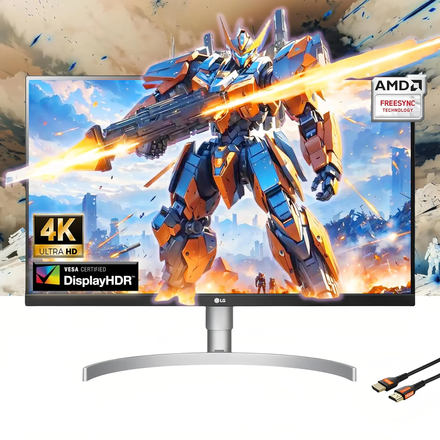 مانیتور 27 اینچی LG Ultrafine 4K UHD IPS با HDR10، VESA DisplayHDR 400، AMD FreeSync، USB Type-C 90W PD، بلندگوی داخلی، HDMI، DisplayPort، پایه قابل تنظیم شیب/ارتفاع/چرخش، سفید