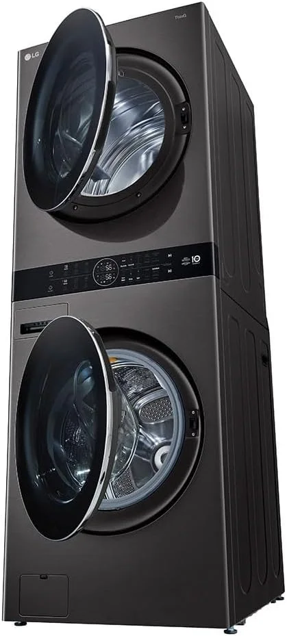 ماشین لباسشویی و خشک کن برج ال جی با سرعت 1100 دور در دقیقه، ظرفیت شستشو 19 کیلوگرم/ظرفیت خشک کردن 16 کیلوگرم، ابعاد 700mm x 770mm x 1890mm، رنگ استیل مشکی