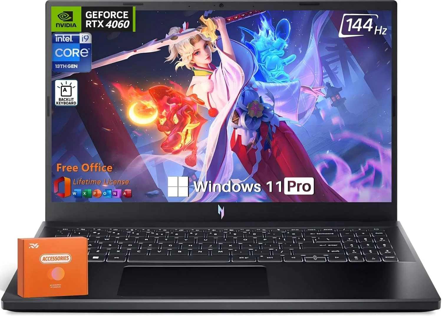 لپ تاپ گیمینگ ایسر Nitro V، صفحه نمایش 15.6 اینچی FHD IPS 144 هرتز، پردازنده 14 هسته ای اینتل i9-13900H، رم 64 گیگابایتی DDR5، حافظه SSD 2 ترابایتی، کارت گرافیک GeForce RTX 4060، وای فای 6، کیبورد با نور پس زمینه، ویندوز 11 پرو، به همراه لوازم جانبی طراحی شده
