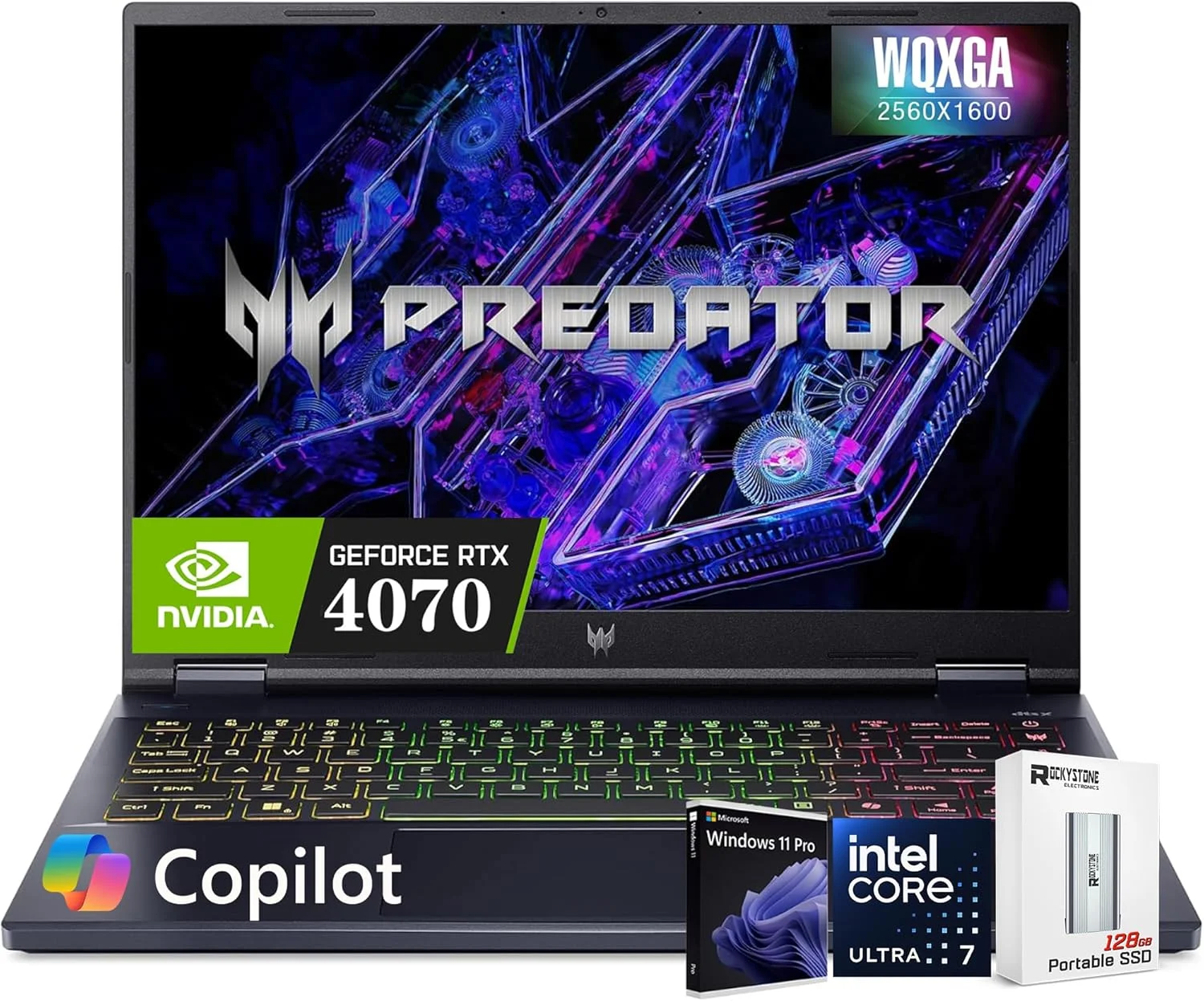 لپ تاپ گیمینگ ایسر Predator Helios Neo 14 AI PC، گرافیک GeForce RTX 4070، صفحه نمایش 14.5 اینچی WQXGA (2560x1600، 100% sRGB، G-SYNC)، پردازنده Intel 16 هسته ای Ultra 7 155H، نور پس زمینه RGB، با 128 گیگابایت PSD، ویندوز 11 PRO (16 گیگابایت | 2 ترابایت SSD)
