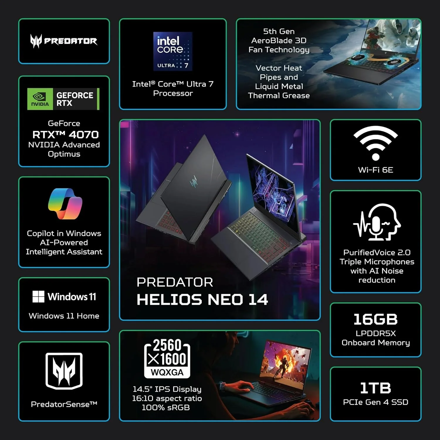لپ تاپ گیمینگ ایسر Predator Helios Neo 14 AI PC، گرافیک GeForce RTX 4070، صفحه نمایش 14.5 اینچی WQXGA (2560x1600، 100% sRGB، G-SYNC)، پردازنده Intel 16 هسته ای Ultra 7 155H، نور پس زمینه RGB، با 128 گیگابایت PSD، ویندوز 11 PRO (16 گیگابایت | 2 ترابایت SSD) لپ تاپ گیمینگ ایسر Predator Helios Neo 14 AI PC، گرافیک GeForce RTX 4070، صفحه نمایش 14.5 اینچی WQXGA (2560x1600، 100% sRGB، G-SYNC)، پردازنده Intel 16 هسته ای Ultra 7 155H، نور پس زمینه RGB، با 128 گیگابایت PSD، ویندوز 11 PRO (16 گیگابایت | 2 ترابایت SSD)