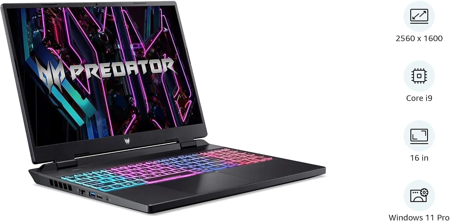 لپ تاپ گیمینگ Acer Predator Helios Neo 16، نسل 14 اینتل 24 هسته ای i9-14900HX، رم 16 گیگابایت، SSD 1 ترابایت، کارت گرافیک 8 گیگابایت NVIDIA GeForce RTX 4060، صفحه نمایش 16 اینچ WQXGA 165 هرتز، ویندوز 11 پرو، مشکی