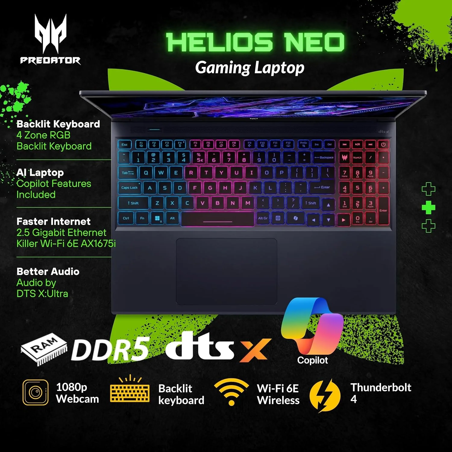 لپ تاپ گیمینگ Acer Predator Helios Neo 16، نمایشگر 16 اینچی 165 هرتز WUXGA، پردازنده Core i9-14900HX (تا 5.80 گیگاهرتز)، کارت گرافیک GeForce RTX 4060، کیبورد با نور پس زمینه RGB، لپ تاپ هوش مصنوعی Copilot، ویندوز 11 هوم، مشکی (16 گیگابایت رم DDR5 | 1 ترابایت SSD)