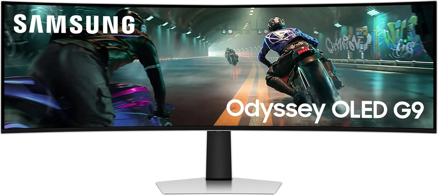 مانیتور گیمینگ 49 اینچ سامسونگ G9 (G91SD) Odyssey OLED Dual QHD (5120 x 1440) نرخ تازه سازی 144 هرتز زمان پاسخگویی 0.03 میلی ثانیه، سازگار با NVIDIA G-Sync، قابلیت تنظیم ارتفاع، نقره ای