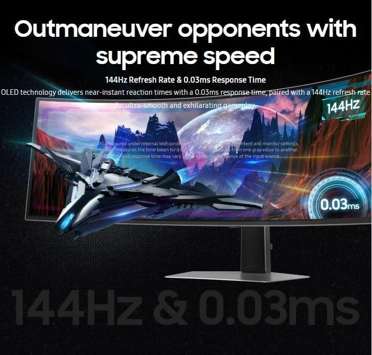 مانیتور گیمینگ 49 اینچ سامسونگ G9 (G91SD) Odyssey OLED Dual QHD (5120 x 1440) نرخ تازه سازی 144 هرتز زمان پاسخگویی 0.03 میلی ثانیه، سازگار با NVIDIA G-Sync، قابلیت تنظیم ارتفاع، نقره ای