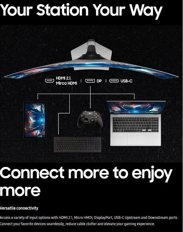 مانیتور گیمینگ 49 اینچ سامسونگ G9 (G91SD) Odyssey OLED Dual QHD (5120 x 1440) نرخ تازه سازی 144 هرتز زمان پاسخگویی 0.03 میلی ثانیه، سازگار با NVIDIA G-Sync، قابلیت تنظیم ارتفاع، نقره ای