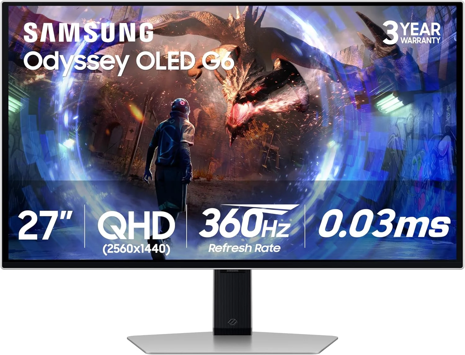 مانیتور گیمینگ 27 اینچی OLED سامسونگ Odyssey G6 (G60SD) با کیفیت QHD، نرخ نوسازی 360 هرتز، زمان پاسخگویی 0.03 میلی‌ثانیه، ضد انعکاس نور، طراحی فلزی شیک، مدل LS27DG602SNXZA، سال 2024