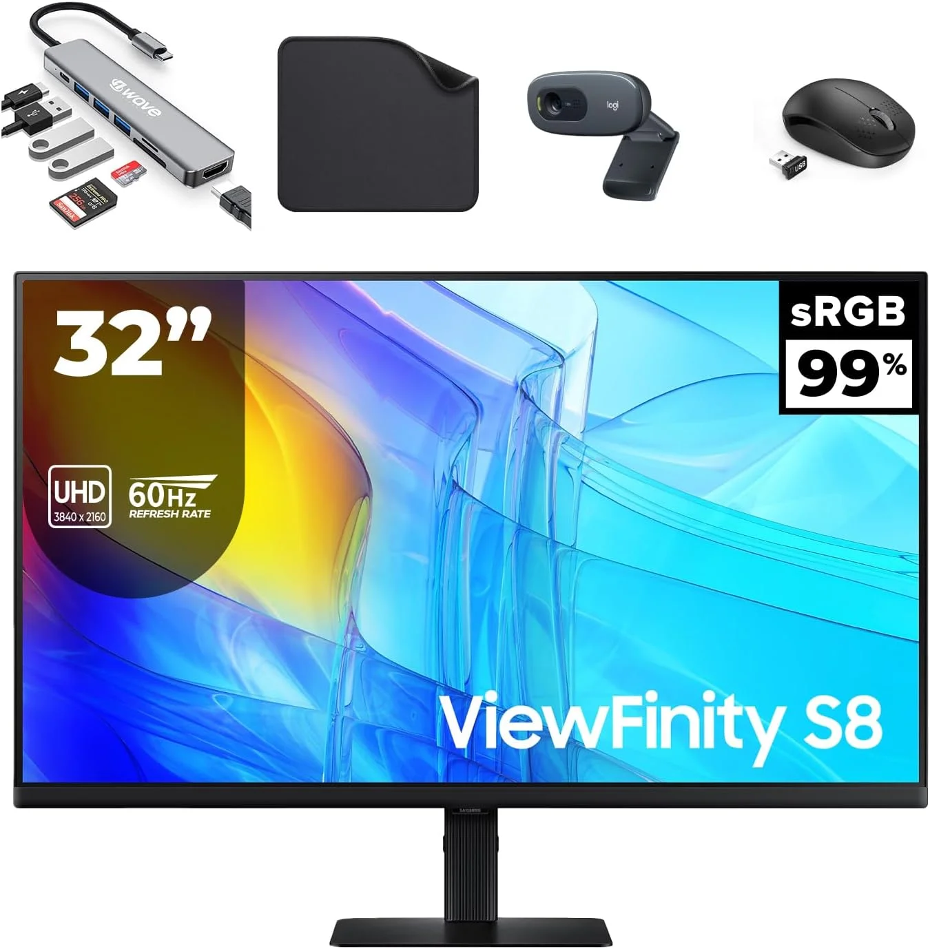 مانیتور 32 اینچ سامسونگ ViewFinity S8 S80D UHD (LS32D806UAMXUE) - 4K UHD، IPS، USB-C، HDR10 - همراه با بسته نرم افزاری هاب 7 در 1، وب کم، ماوس بی سیم و پد ماوس از 1st Wave Technology