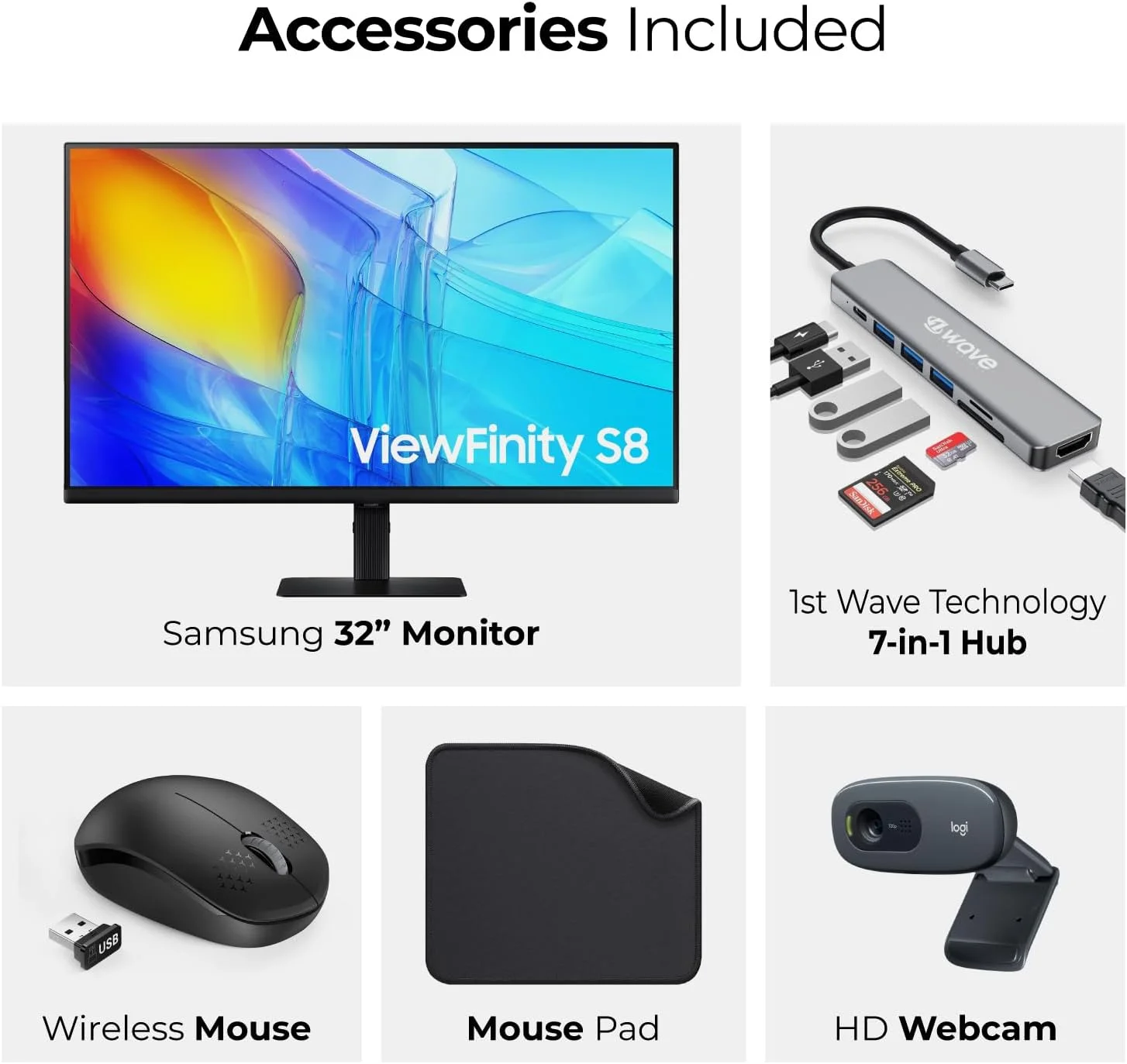 مانیتور 32 اینچ سامسونگ ViewFinity S8 S80D UHD (LS32D806UAMXUE) - 4K UHD، IPS، USB-C، HDR10 - همراه با بسته نرم افزاری هاب 7 در 1، وب کم، ماوس بی سیم و پد ماوس از 1st Wave Technology مانیتور 32 اینچ سامسونگ ViewFinity S8 S80D UHD (LS32D806UAMXUE) - 4K UHD، IPS، USB-C، HDR10 - همراه با بسته نرم افزاری هاب 7 در 1، وب کم، ماوس بی سیم و پد ماوس از 1st Wave Technology