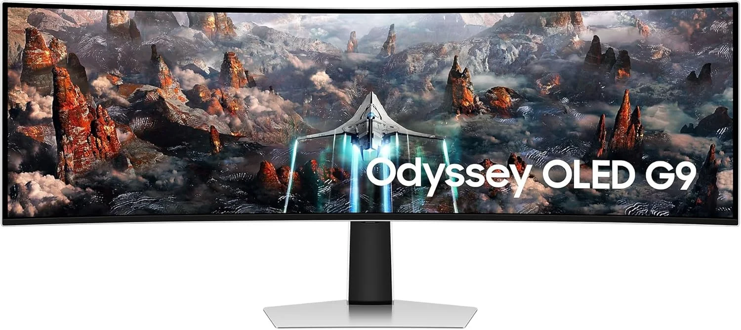 مانیتور گیمینگ 49 اینچی سامسونگ G9 G93SC Odyssey OLED Dual QHD با نرخ تازه سازی 240 هرتز و زمان پاسخگویی 0.03 میلی ثانیه، قابلیت تنظیم ارتفاع، نقره ای