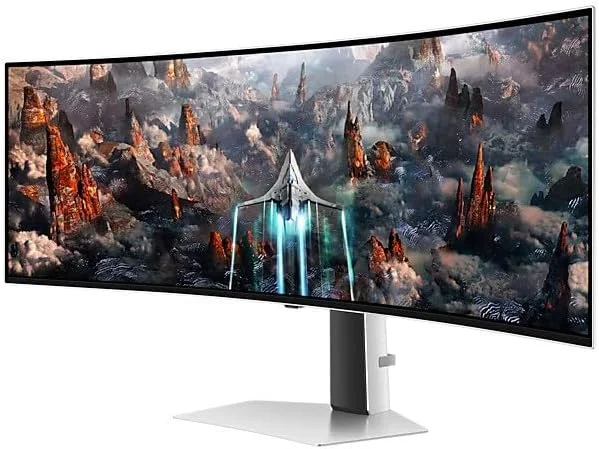 مانیتور گیمینگ 49 اینچی سامسونگ G9 G93SC Odyssey OLED Dual QHD با نرخ تازه سازی 240 هرتز و زمان پاسخگویی 0.03 میلی ثانیه، قابلیت تنظیم ارتفاع، نقره ای
