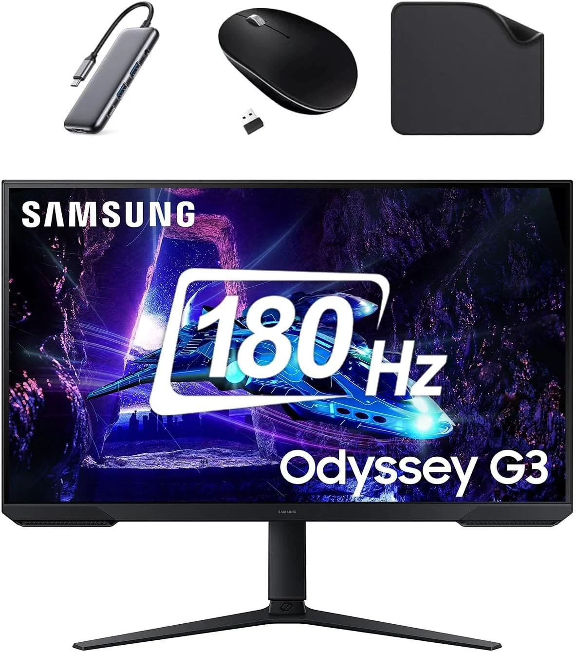 مانیتور گیمینگ 32 اینچ FHD سامسونگ Odyssey G3 G30D، نرخ تازه‌سازی 180 هرتز، طراحی بدون حاشیه، نمایشگر VA، محافظت از چشم، حالت بازی (LS32DG302EMXUE) شامل هاب 7 در 1 فرست ویو + ماوس بی‌سیم + پد ماوس