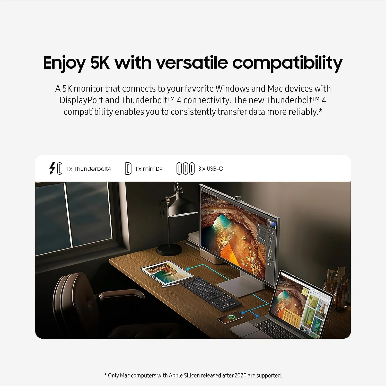 مانیتور 27 اینچی سامسونگ ViewFinity S9 IPS 5K با Thunderbolt 4، Mini-DisplayPort، صفحه نمایش مات، دوربین 4K Slimfit، طراحی فلزی باریک، AirPlay، برنامه های Smart TV، Gaming Hub، برای ویندوز و مک
