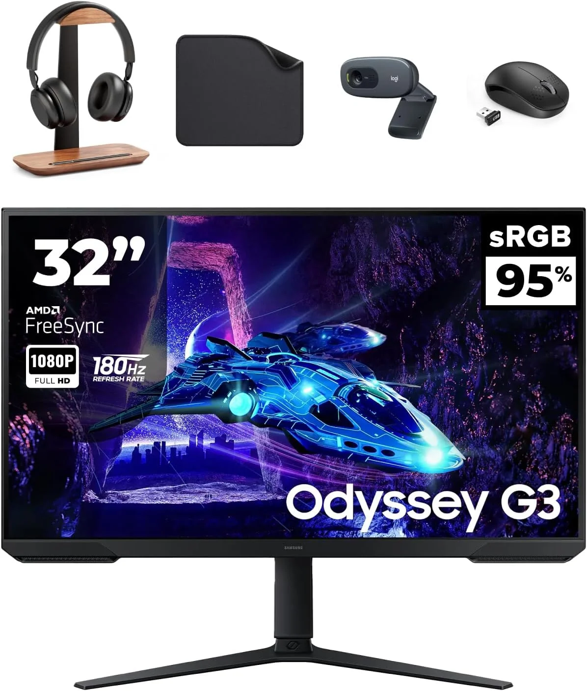 مانیتور 32 اینچی سامسونگ Odyssey G3 G30D FHD مدل 2025 - نرخ تازه سازی 180 هرتز، پنل VA، AMD FreeSync، مانیتور گیمینگ - شامل پایه هدست، وب کم، ماوس بی سیم و پد ماوس موج اول - LS32DG302EMXUE