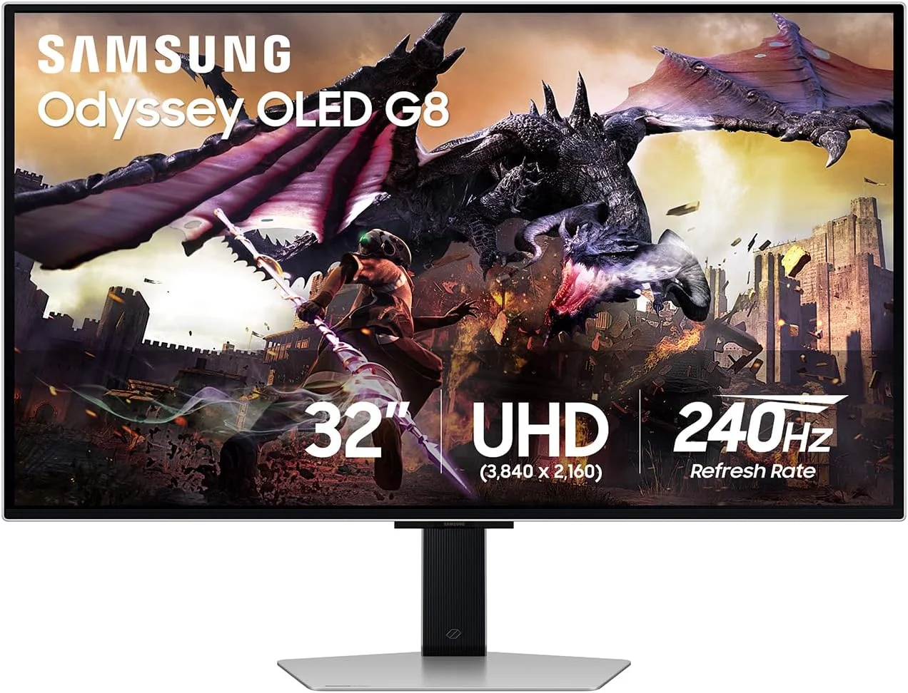مانیتور گیمینگ هوشمند 32 اینچی سامسونگ Odyssey OLED G8 (G80SD) سری 4K UHD با QD-OLED، نرخ نوسازی 240 هرتز، زمان پاسخگویی 0.03 میلی‌ثانیه، سازگار با G-Sync، نمایشگر بدون بازتاب نور، طراحی فلزی شیک، LS32DG800SNXZA، 3 سال گارانتی