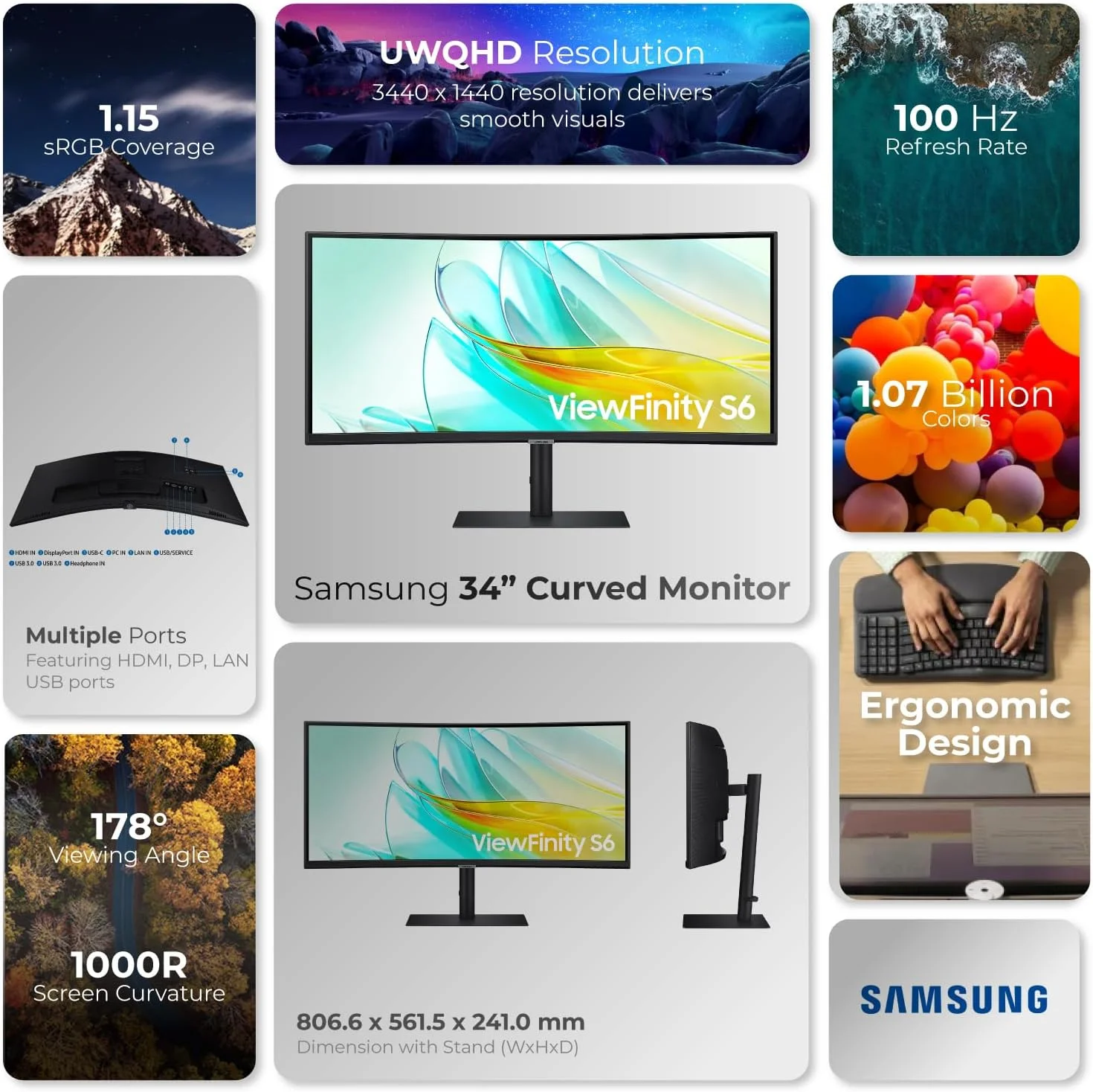 مانیتور فوق عریض 34 اینچی سامسونگ مدل S65UC ViewFinity (LS34C650UAMXUE) - QHD، خمیده، نسبت تصویر 21:9، USB-C، HDR10 - همراه با پایه هدست، وب کم، ماوس بی سیم و پد ماوس 1st Wave مانیتور فوق عریض 34 اینچی سامسونگ مدل S65UC ViewFinity (LS34C650UAMXUE) - QHD، خمیده، نسبت تصویر 21:9، USB-C، HDR10 - همراه با پایه هدست، وب کم، ماوس بی سیم و پد ماوس 1st Wave