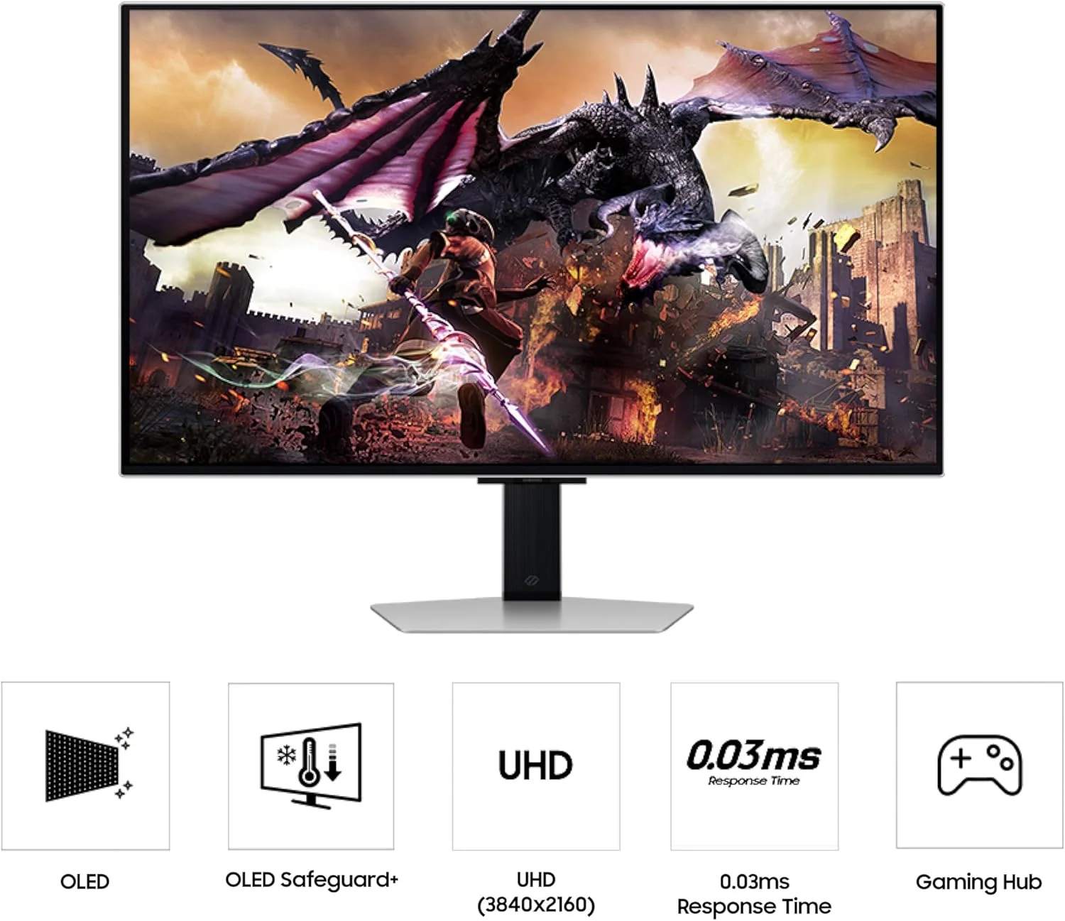 مانیتور گیمینگ هوشمند 32 اینچی سامسونگ Odyssey OLED G8 (G80SD) سری 4K UHD با QD-OLED، نرخ نوسازی 240 هرتز، زمان پاسخگویی 0.03 میلی‌ثانیه، سازگار با G-Sync، نمایشگر بدون بازتاب نور، طراحی فلزی شیک، LS32DG800SNXZA، 3 سال گارانتی