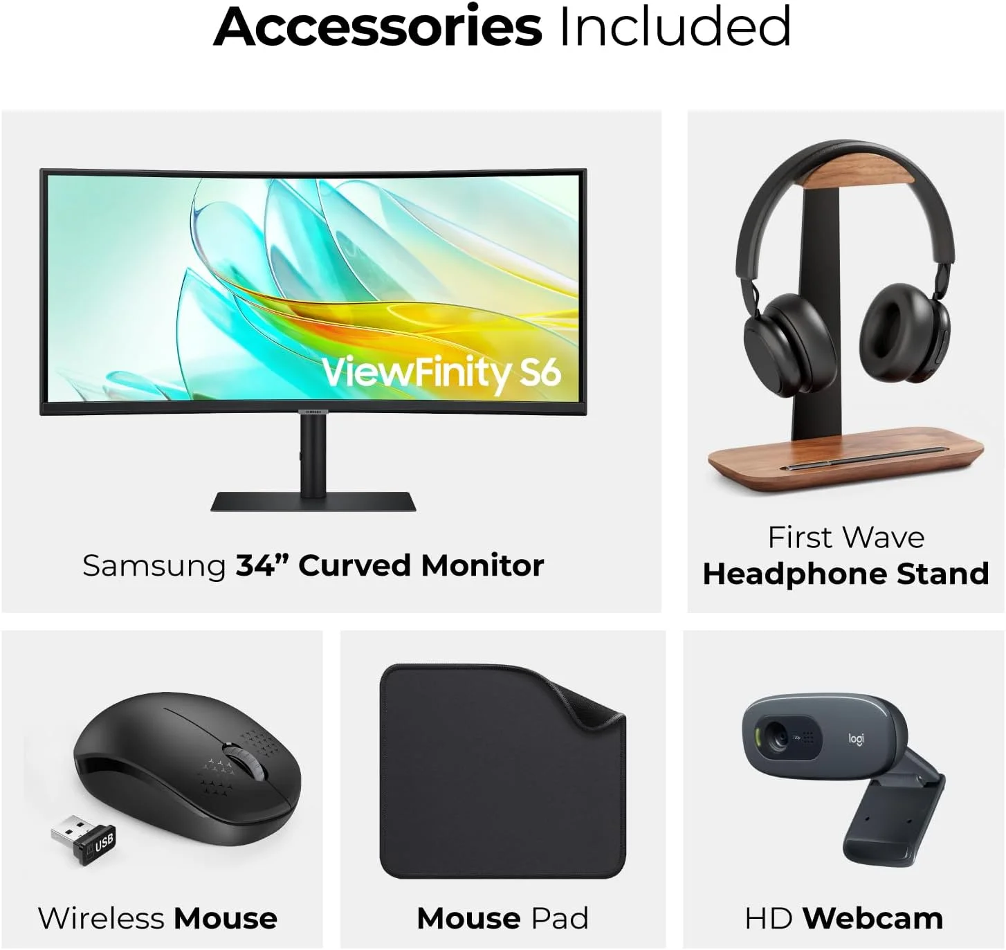 مانیتور فوق عریض 34 اینچی سامسونگ مدل S65UC ViewFinity (LS34C650UAMXUE) - QHD، خمیده، نسبت تصویر 21:9، USB-C، HDR10 - همراه با پایه هدست، وب کم، ماوس بی سیم و پد ماوس 1st Wave مانیتور فوق عریض 34 اینچی سامسونگ مدل S65UC ViewFinity (LS34C650UAMXUE) - QHD، خمیده، نسبت تصویر 21:9، USB-C، HDR10 - همراه با پایه هدست، وب کم، ماوس بی سیم و پد ماوس 1st Wave
