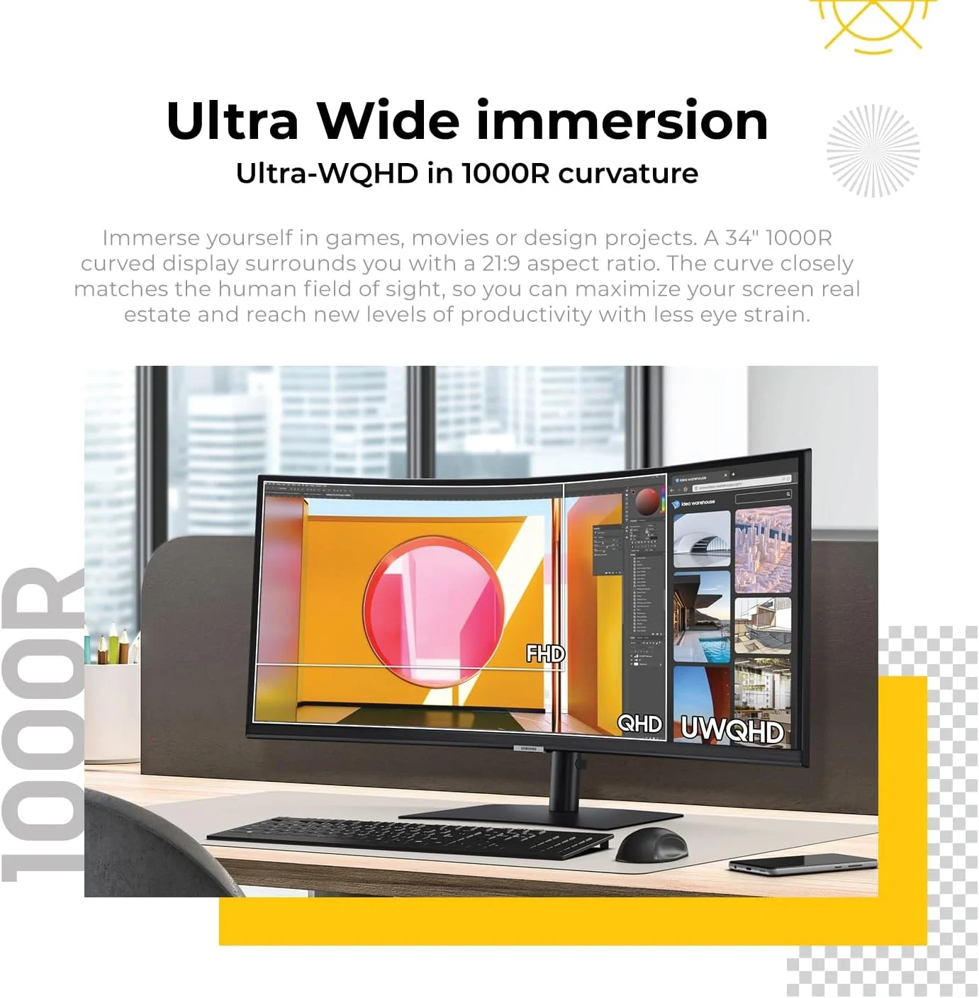مانیتور فوق عریض 34 اینچی سامسونگ مدل S65UC ViewFinity (LS34C650UAMXUE) - QHD، خمیده، نسبت تصویر 21:9، USB-C، HDR10 - همراه با پایه هدست، وب کم، ماوس بی سیم و پد ماوس 1st Wave مانیتور فوق عریض 34 اینچی سامسونگ مدل S65UC ViewFinity (LS34C650UAMXUE) - QHD، خمیده، نسبت تصویر 21:9، USB-C، HDR10 - همراه با پایه هدست، وب کم، ماوس بی سیم و پد ماوس 1st Wave