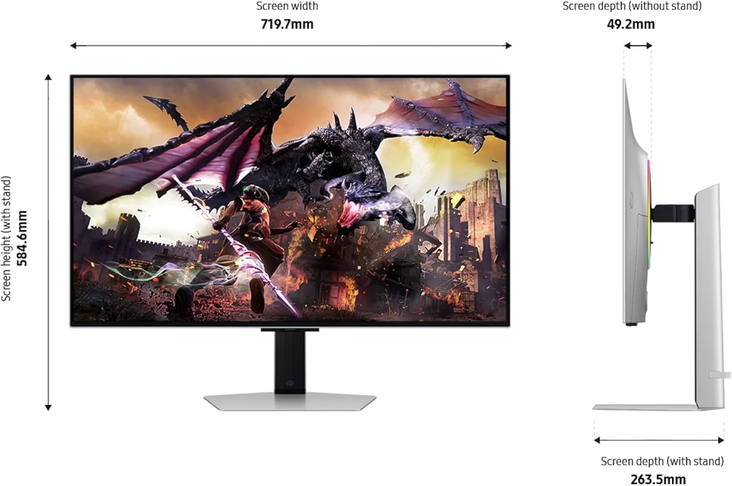 مانیتور گیمینگ هوشمند 32 اینچی سامسونگ Odyssey OLED G8 (G80SD) سری 4K UHD با QD-OLED، نرخ نوسازی 240 هرتز، زمان پاسخگویی 0.03 میلی‌ثانیه، سازگار با G-Sync، نمایشگر بدون بازتاب نور، طراحی فلزی شیک، LS32DG800SNXZA، 3 سال گارانتی