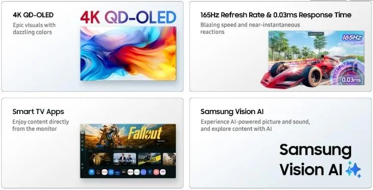 مانیتور هوشمند 32 اینچ سامسونگ M9 M90F OLED (ویژگی های هوش مصنوعی و هوشمند) 4K (3,840 x 2,160) 165 هرتز، با دوربین 4K، زمان پاسخگویی 0.03، طراحی فوق العاده باریک، USB Type C، تنظیم ارتفاع، چرخش، LS32FM902SMXUE